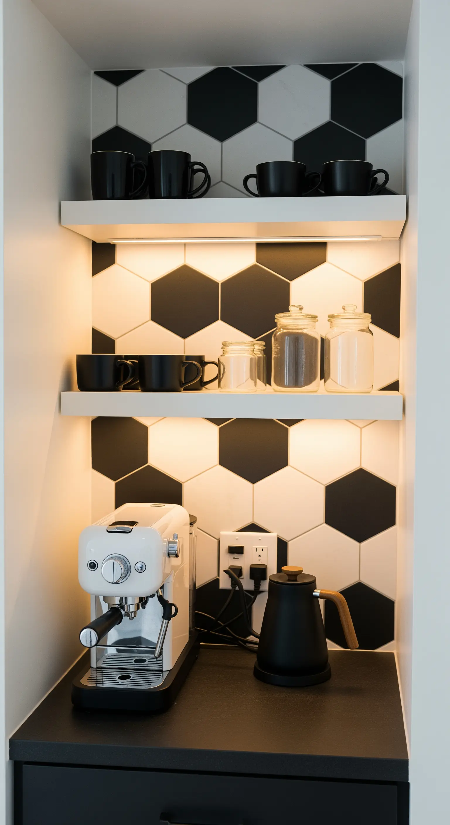 Angolo caffè con piastrelle esagonali bianche e nere e mensole illuminate.