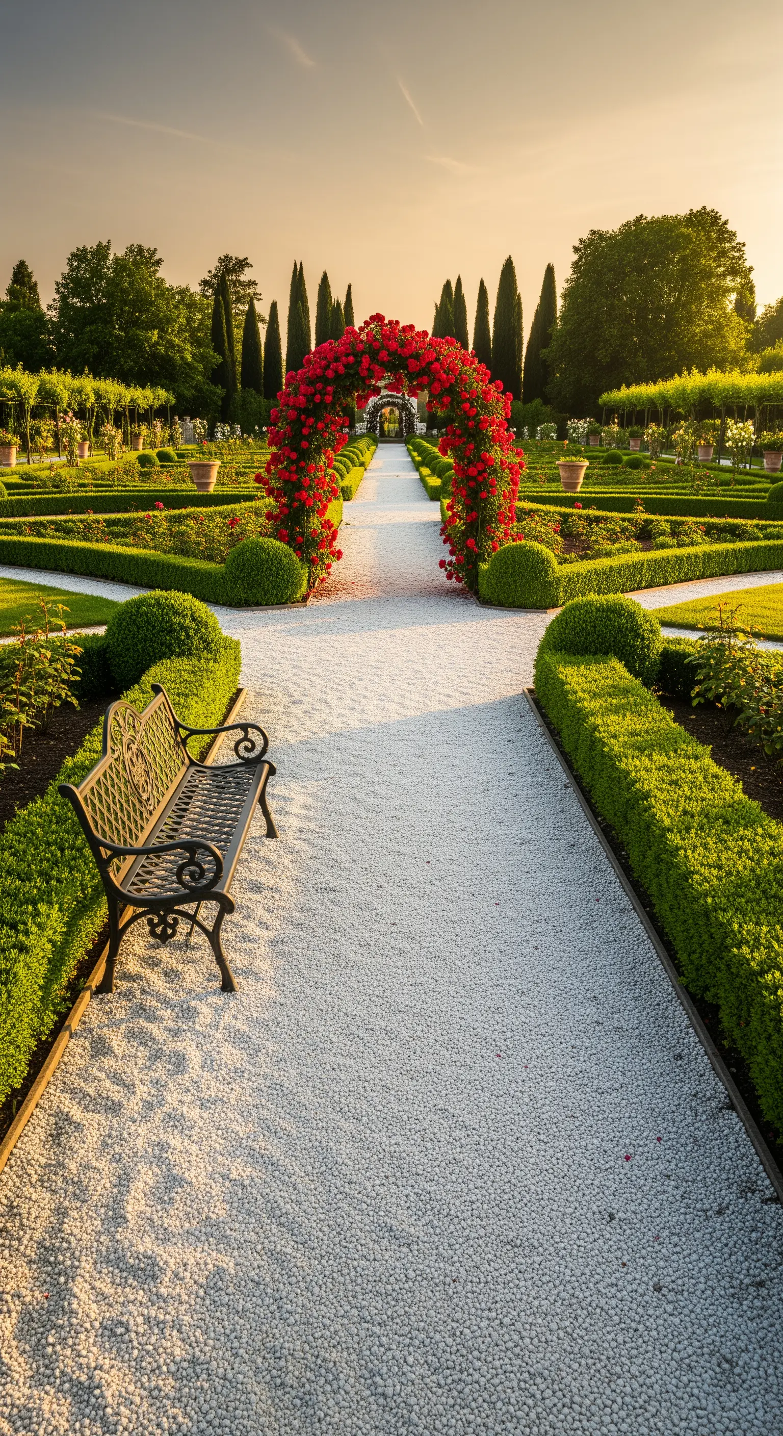 Lungo viale di ghiaia bianca in un giardino formale, con arco di rose rosse e panchina in ferro.