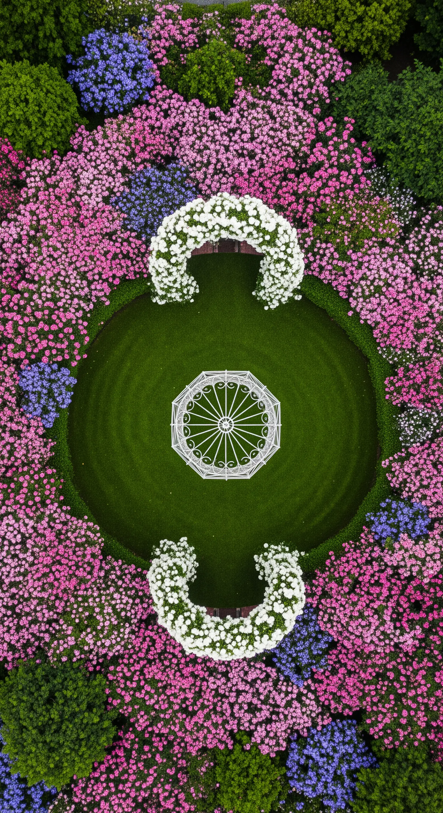 Vista aerea di un giardino circolare con un gazebo al centro, circondato da fiori rosa e viola.