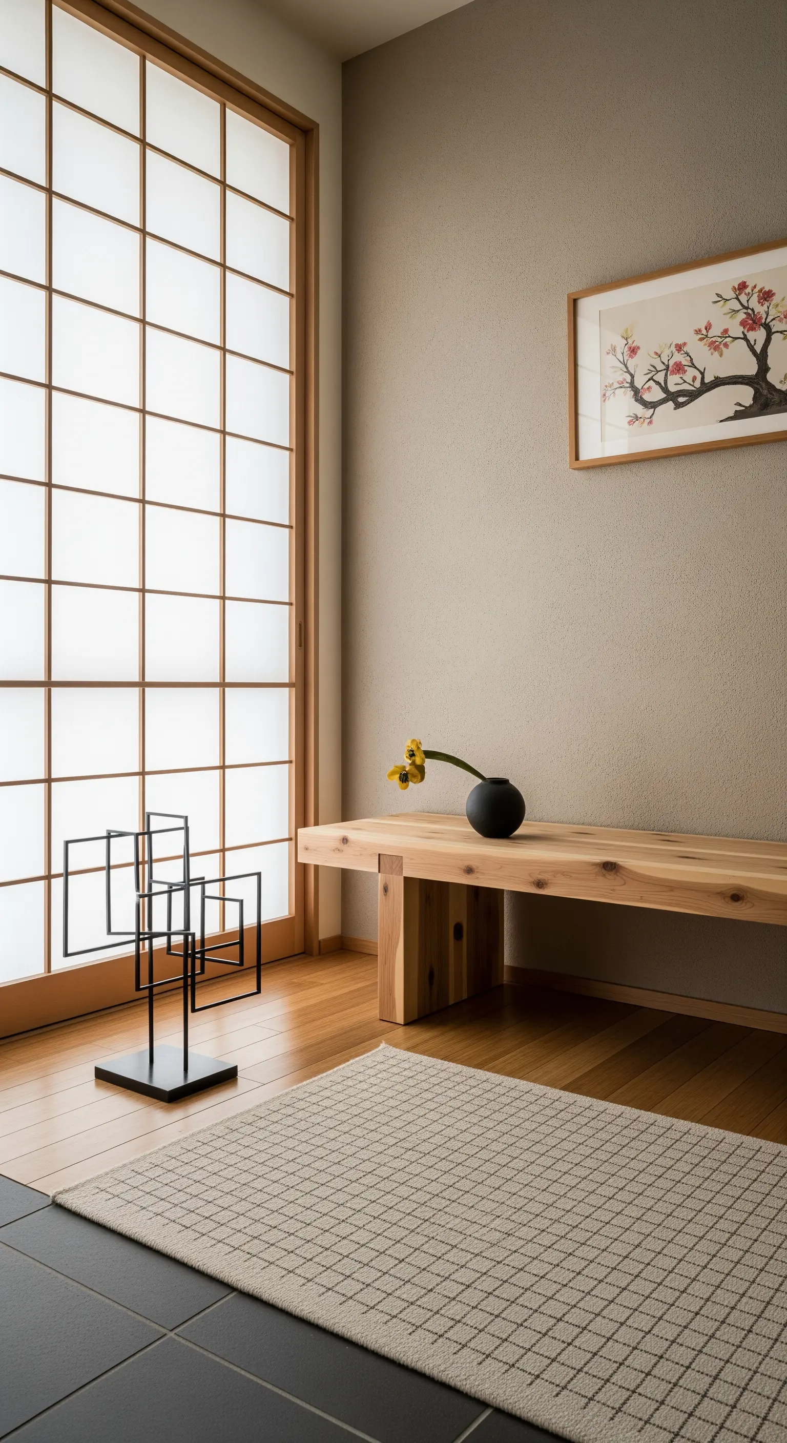 Ambiente minimalista di ispirazione giapponese con panca in legno e tappeto a quadretti.