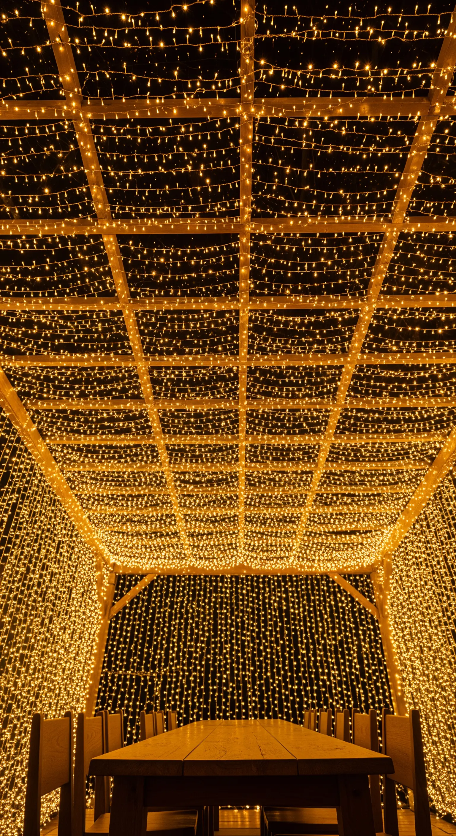 Struttura a griglia di un pergolato completamente avvolta da una fitta rete di microluci.