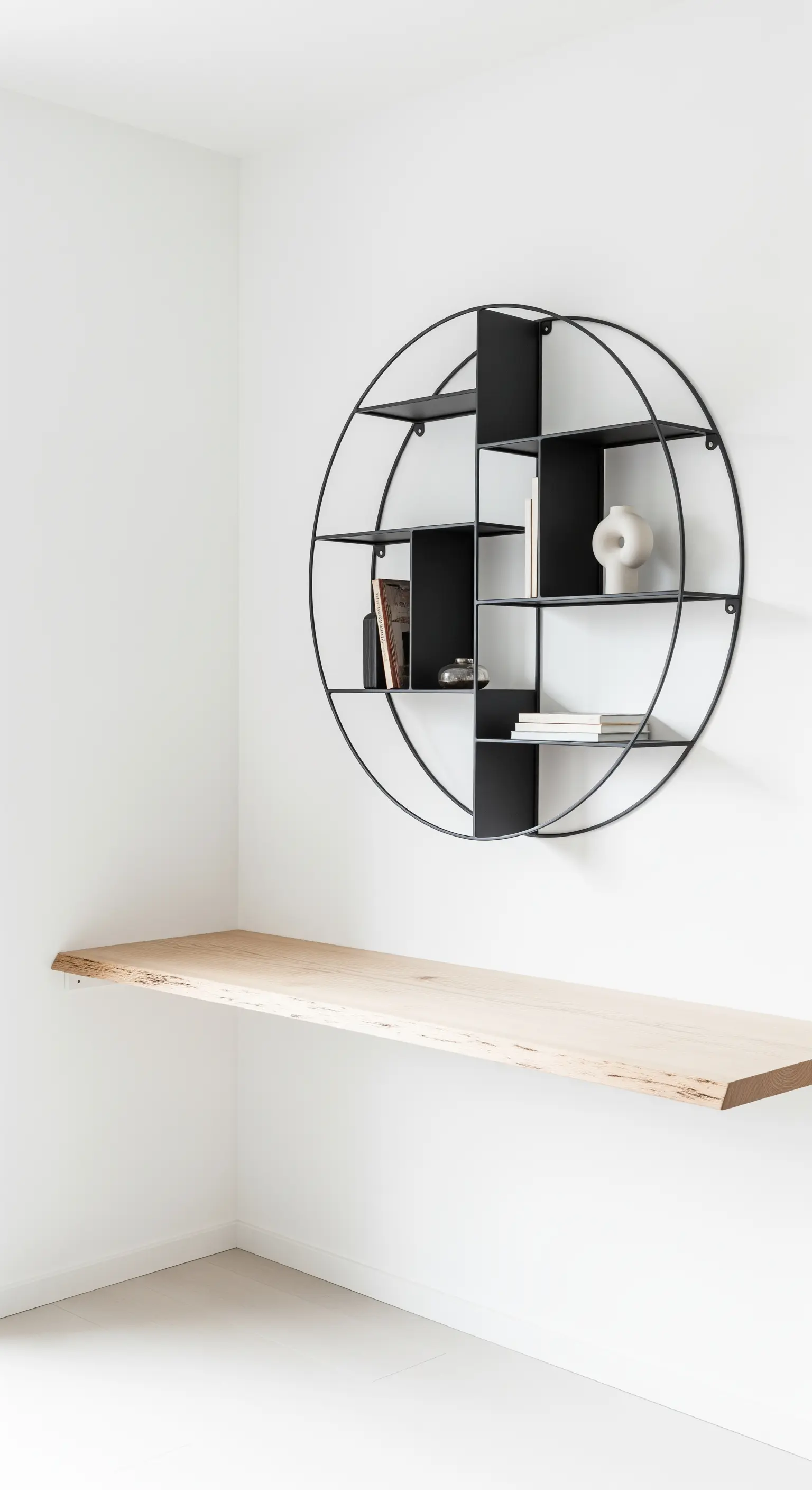 Mensola circolare in metallo nero sopra una scrivania sospesa in legno chiaro, in un angolo bianco.