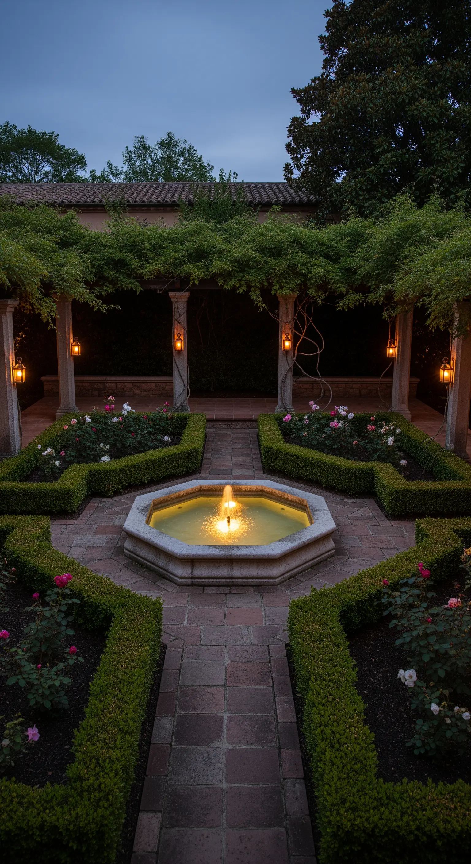 Giardino all'italiana con aiuole geometriche e una fontana ottagonale illuminata al centro.