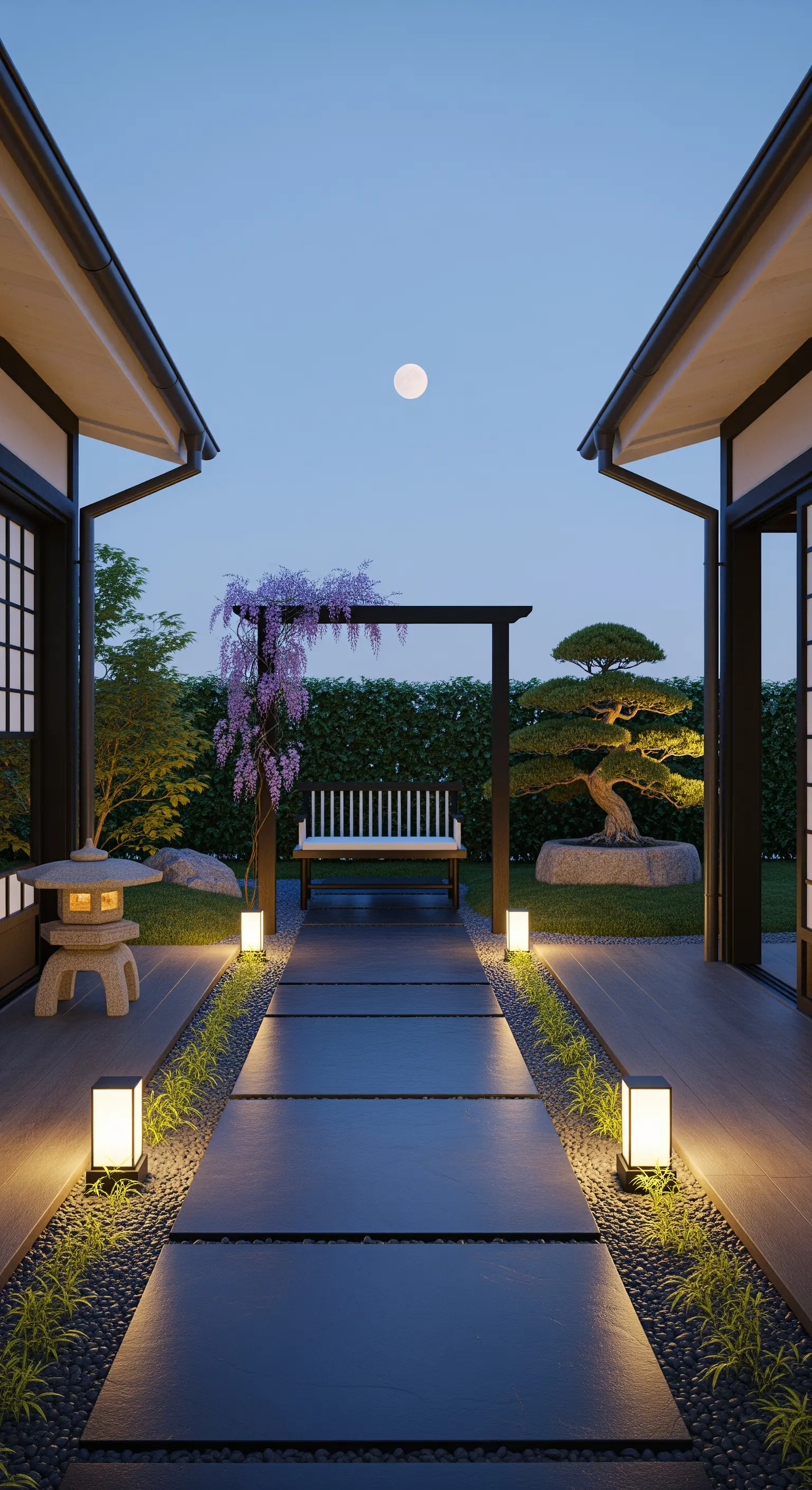 Giardino zen con sentiero lineare, lanterne giapponesi e una panchina minimalista.