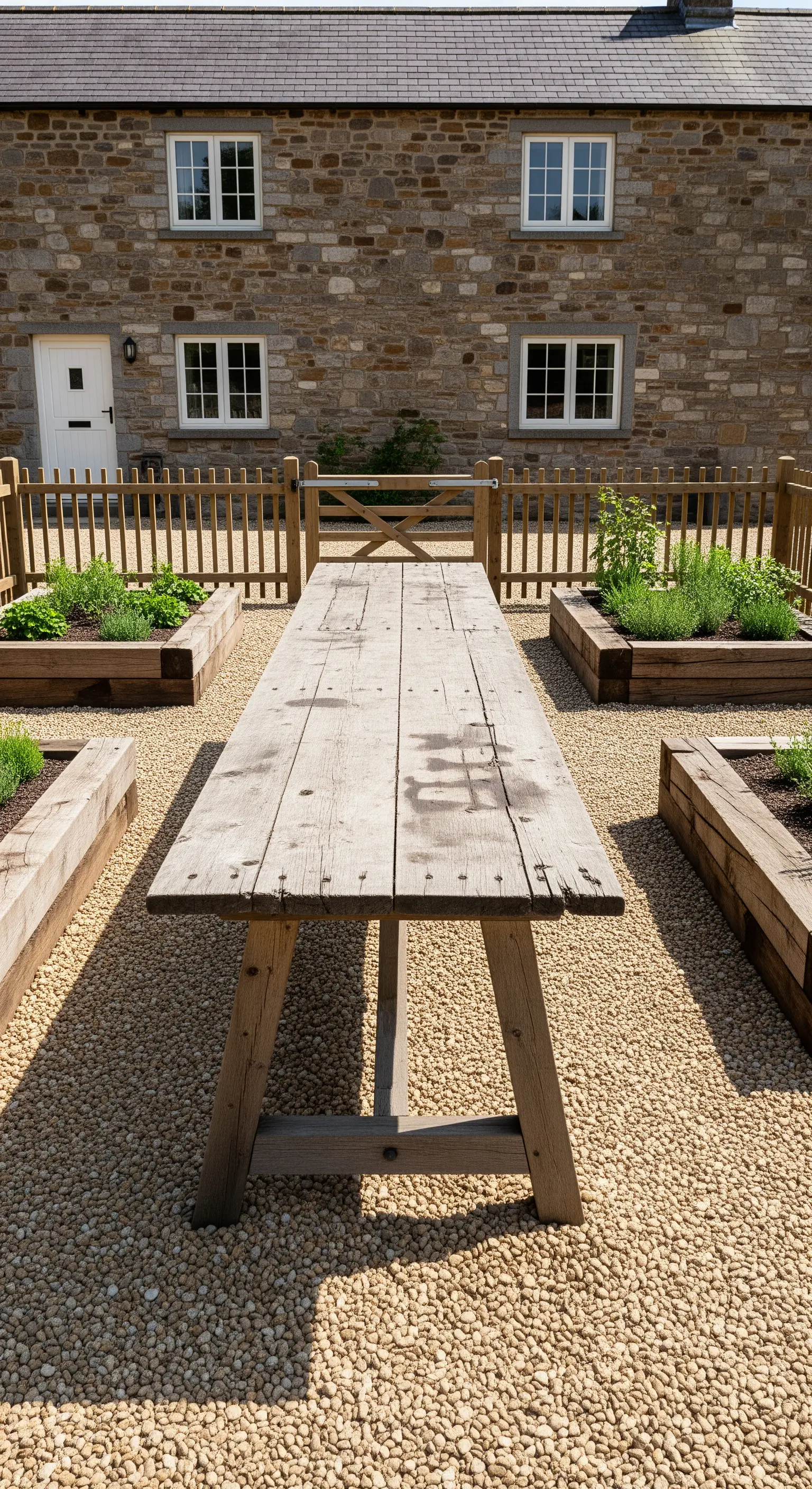 Tavolo in legno invecchiato su un cortile di ghiaia con aiuole rialzate.