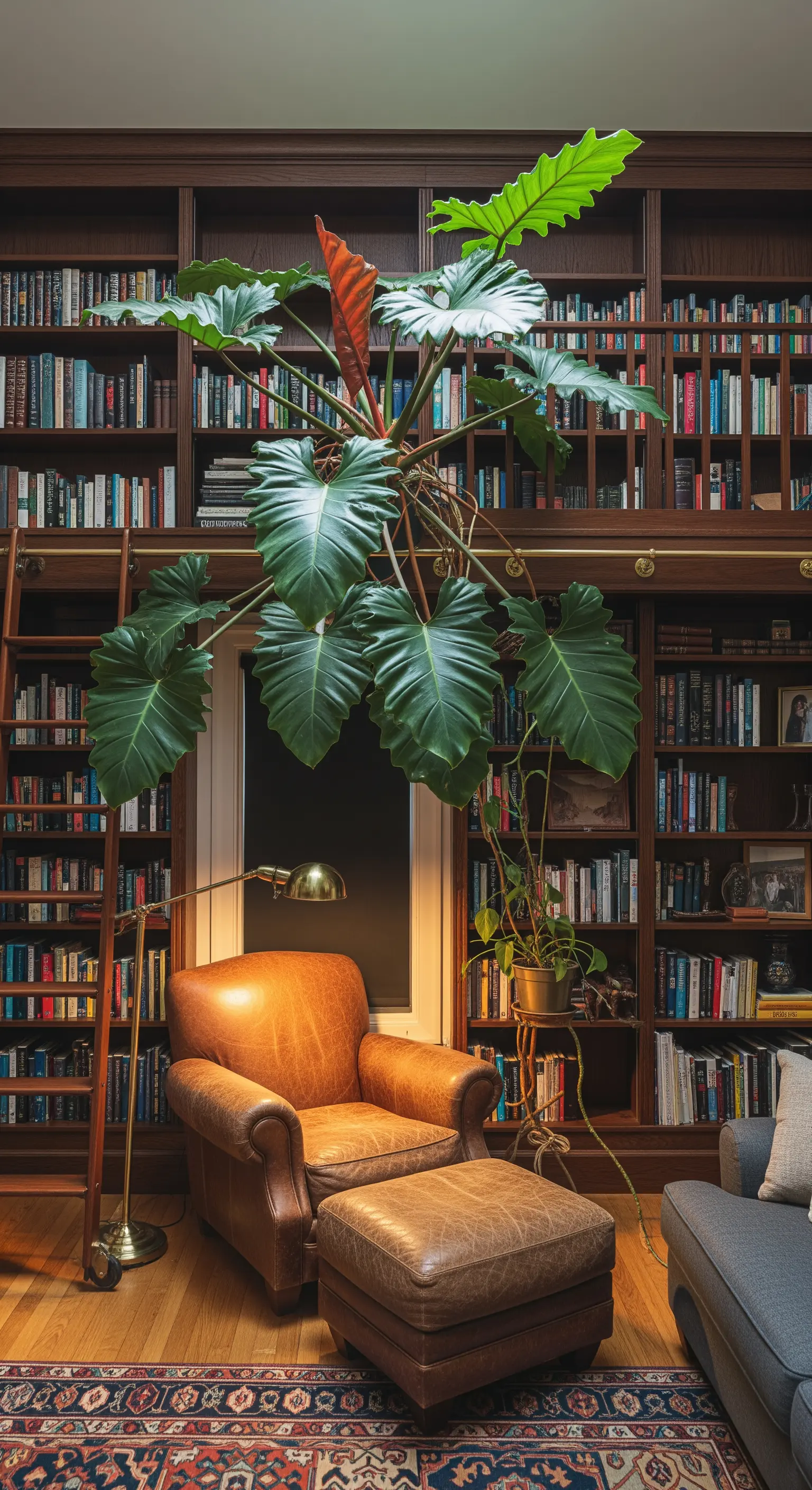 Un grande filodendro avvolge una poltrona in pelle in un angolo lettura con libreria a parete.
