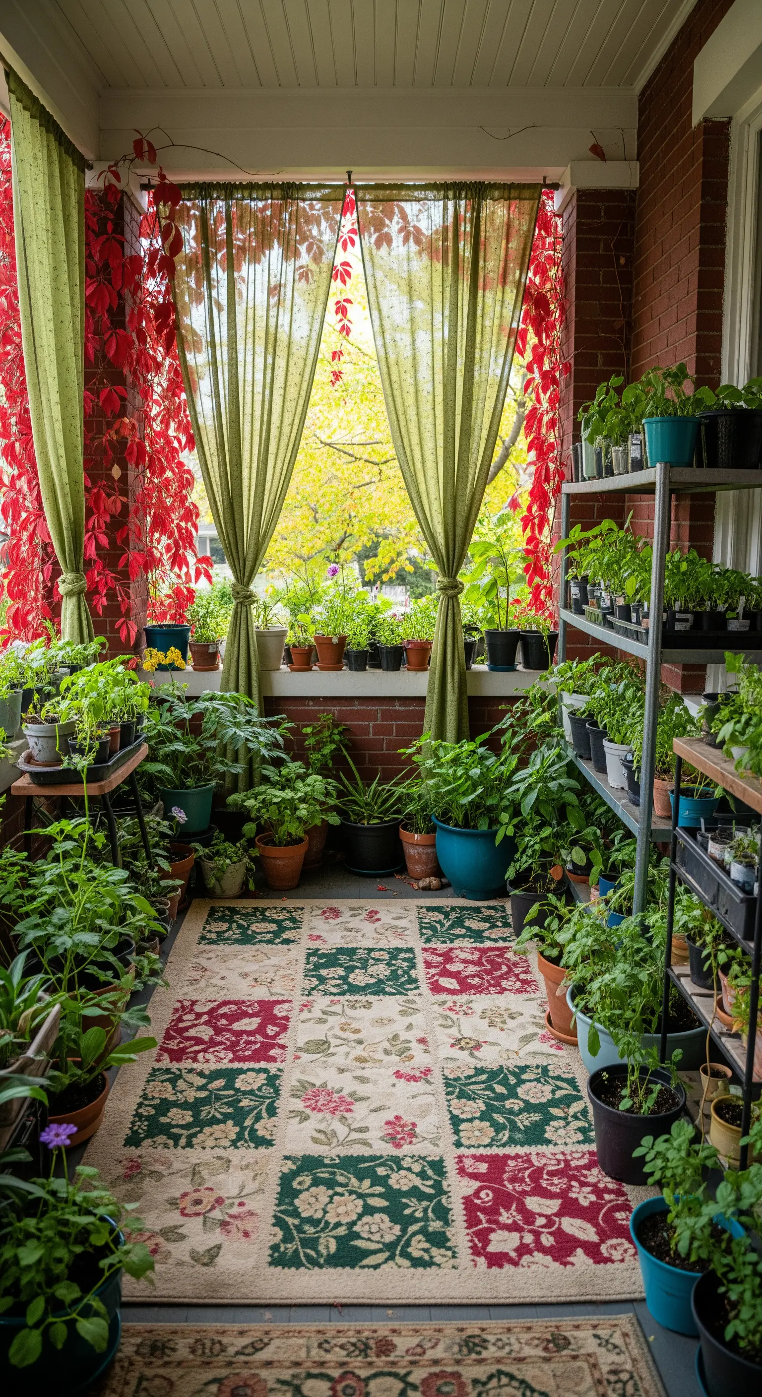 Portico pieno di piante in vaso, con scaffalature, tappeto floreale e tende verdi e rosse.
