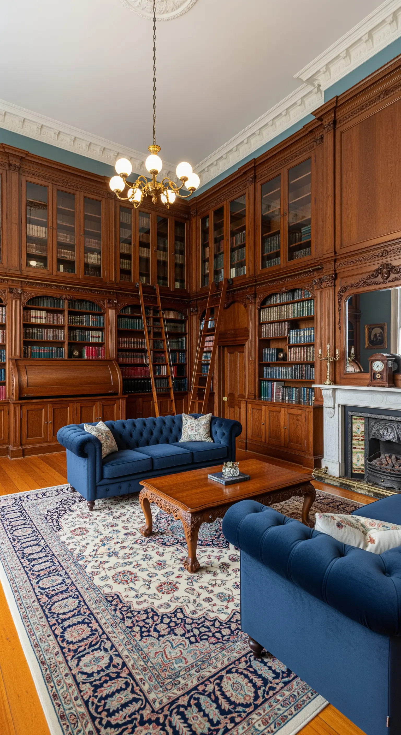 Biblioteca su due piani con boiserie in legno, scale a pioli e divani blu.