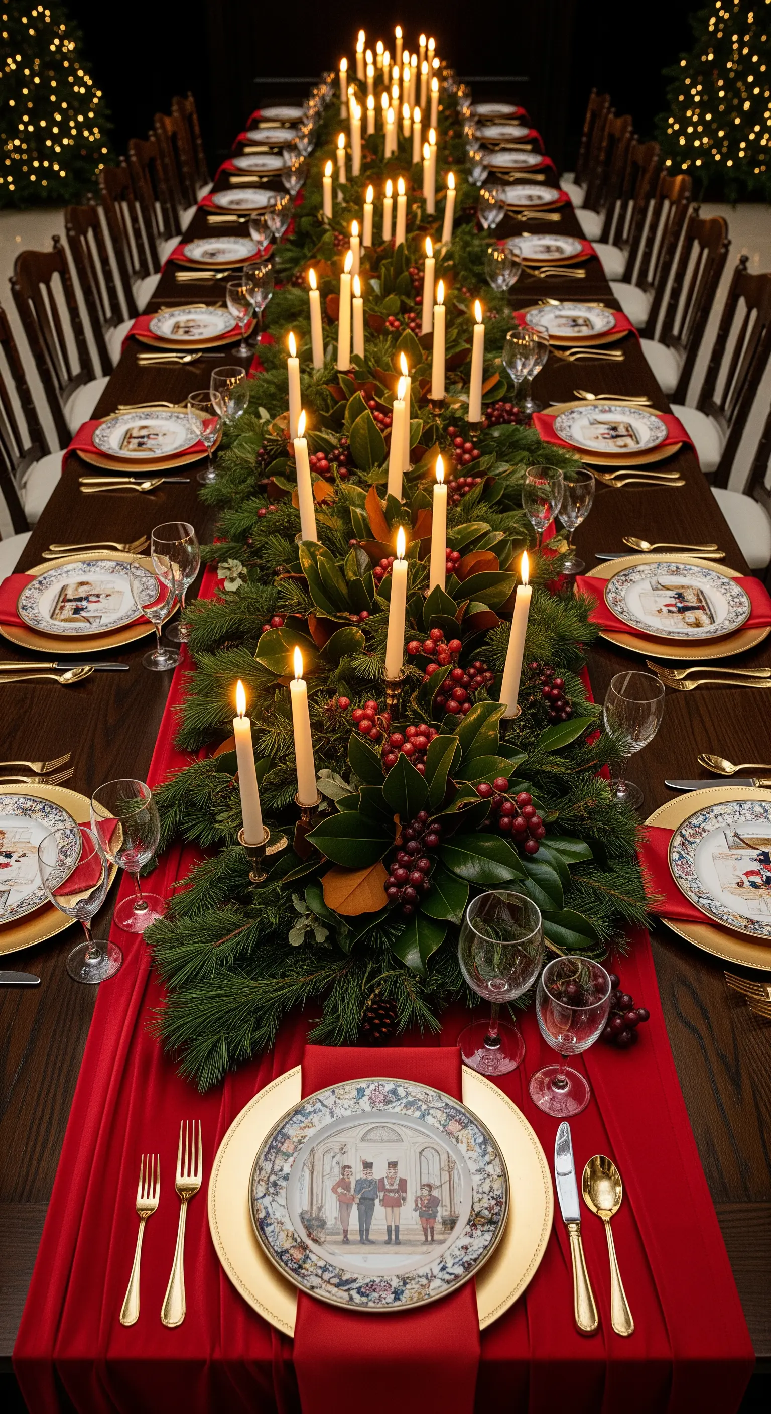 Lungo tavolo da pranzo natalizio con ghirlanda di pino, candele e piatti decorati.