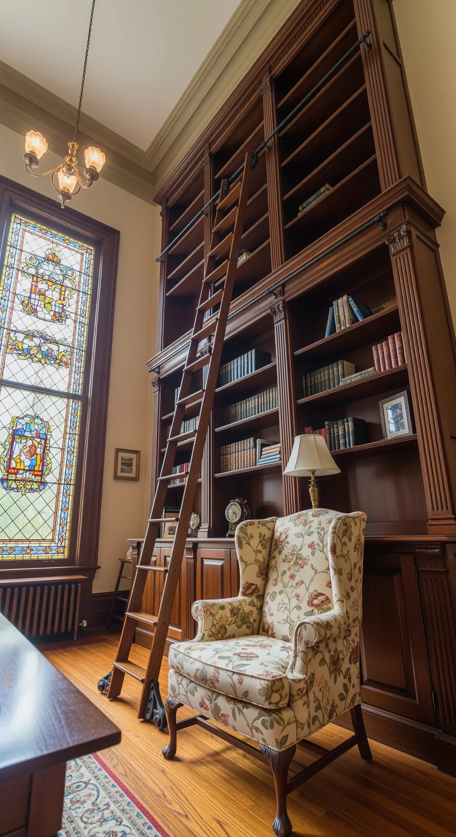 Imponente libreria in legno scuro con scala a pioli e poltrona floreale classica.