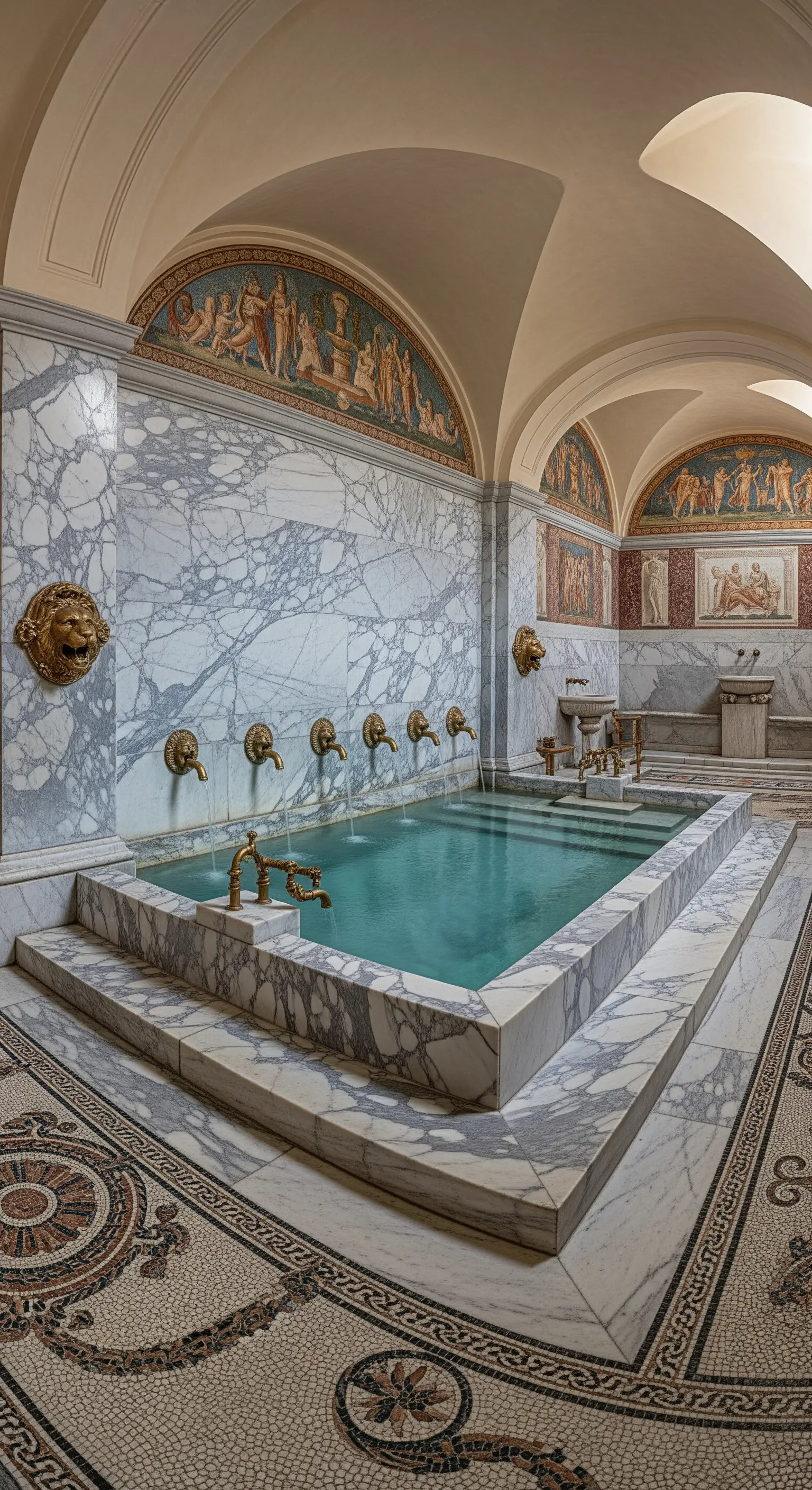 Grande vasca termale in marmo in un bagno ispirato all'antica Roma, con mosaici e statue.