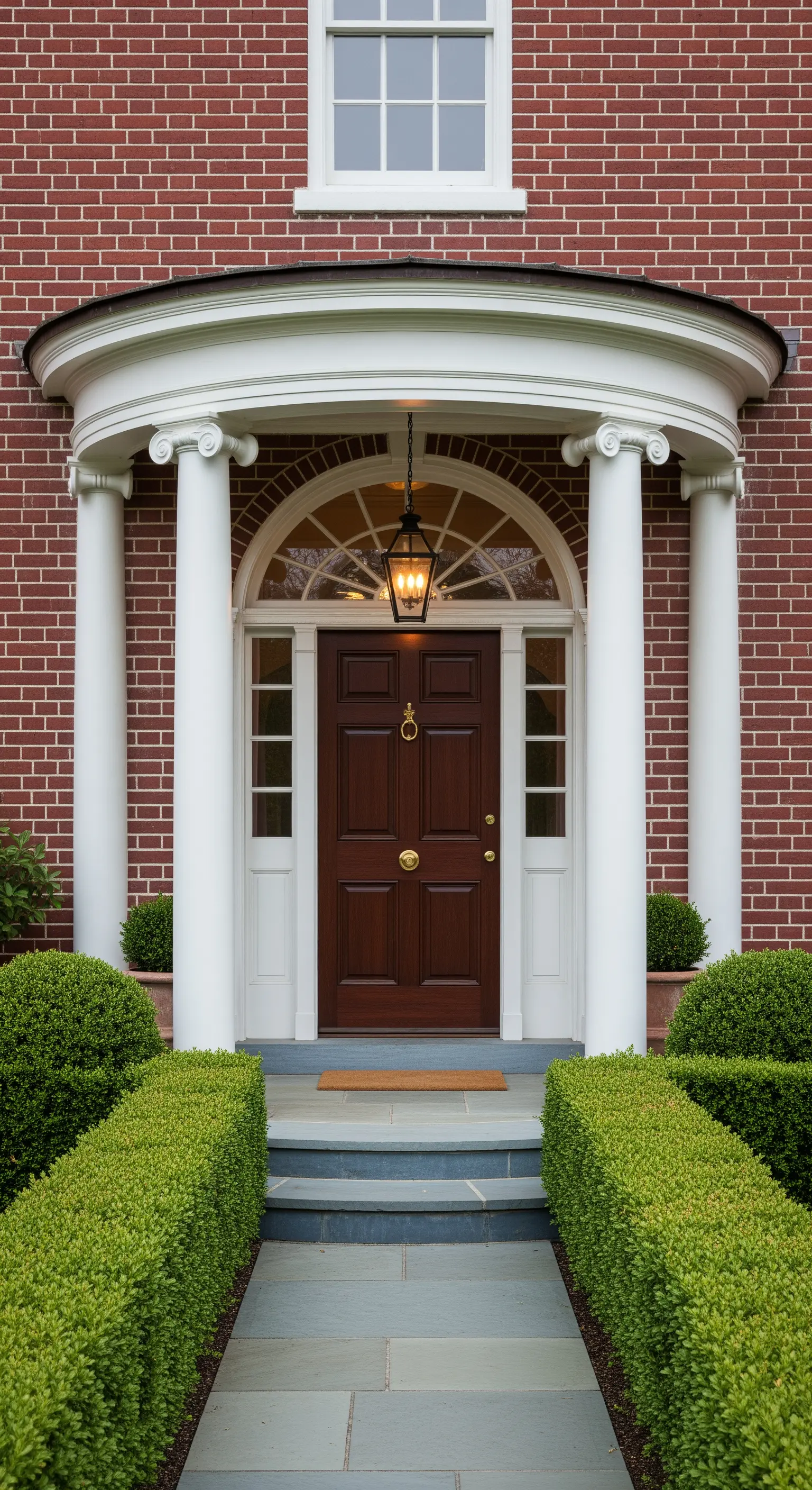 Ingresso con portico semicircolare, colonne bianche, porta in legno e facciata in mattoni rossi