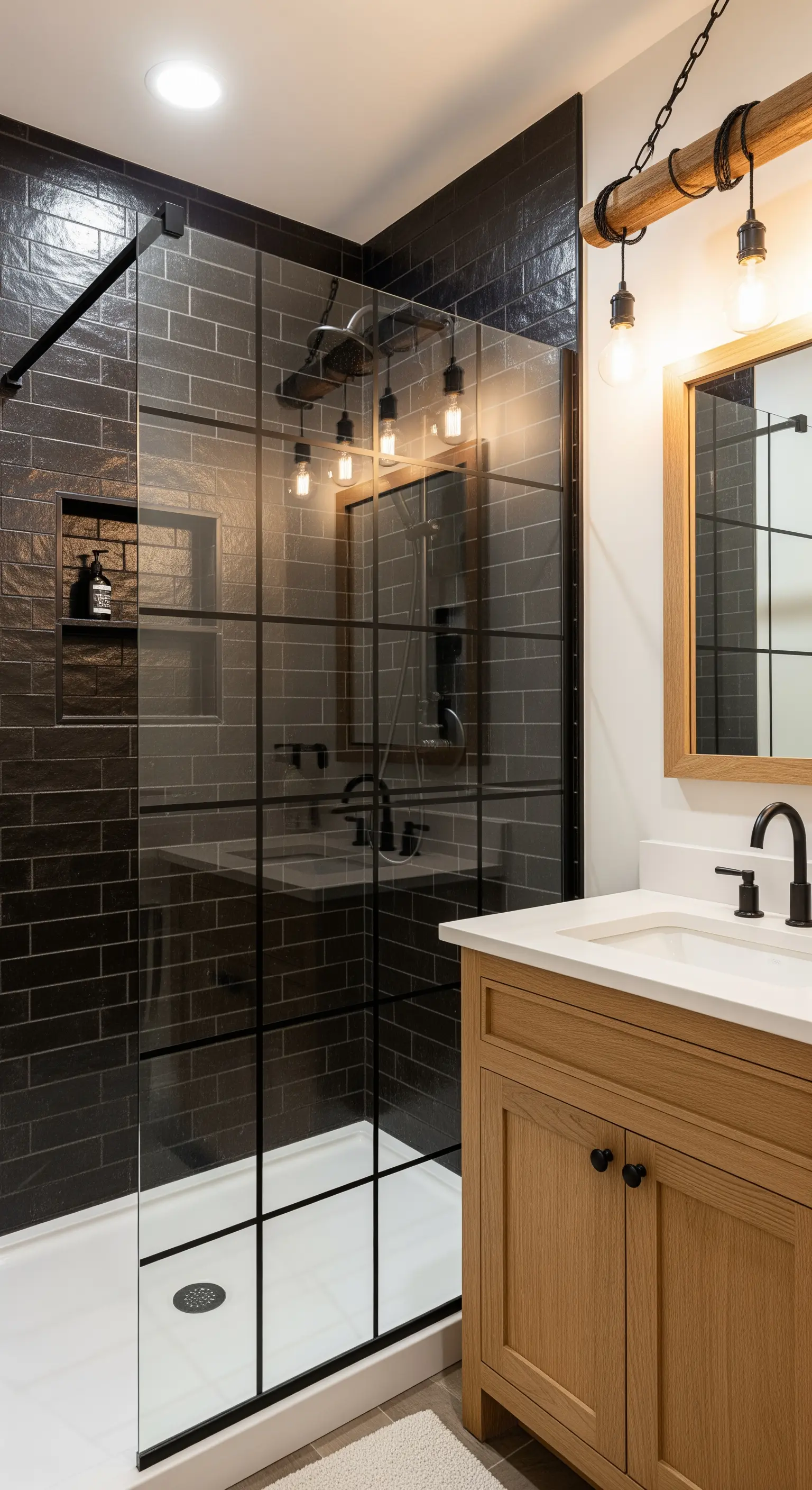 Box doccia con profili neri a griglia, piastrelle scure e mobile in legno chiaro.
