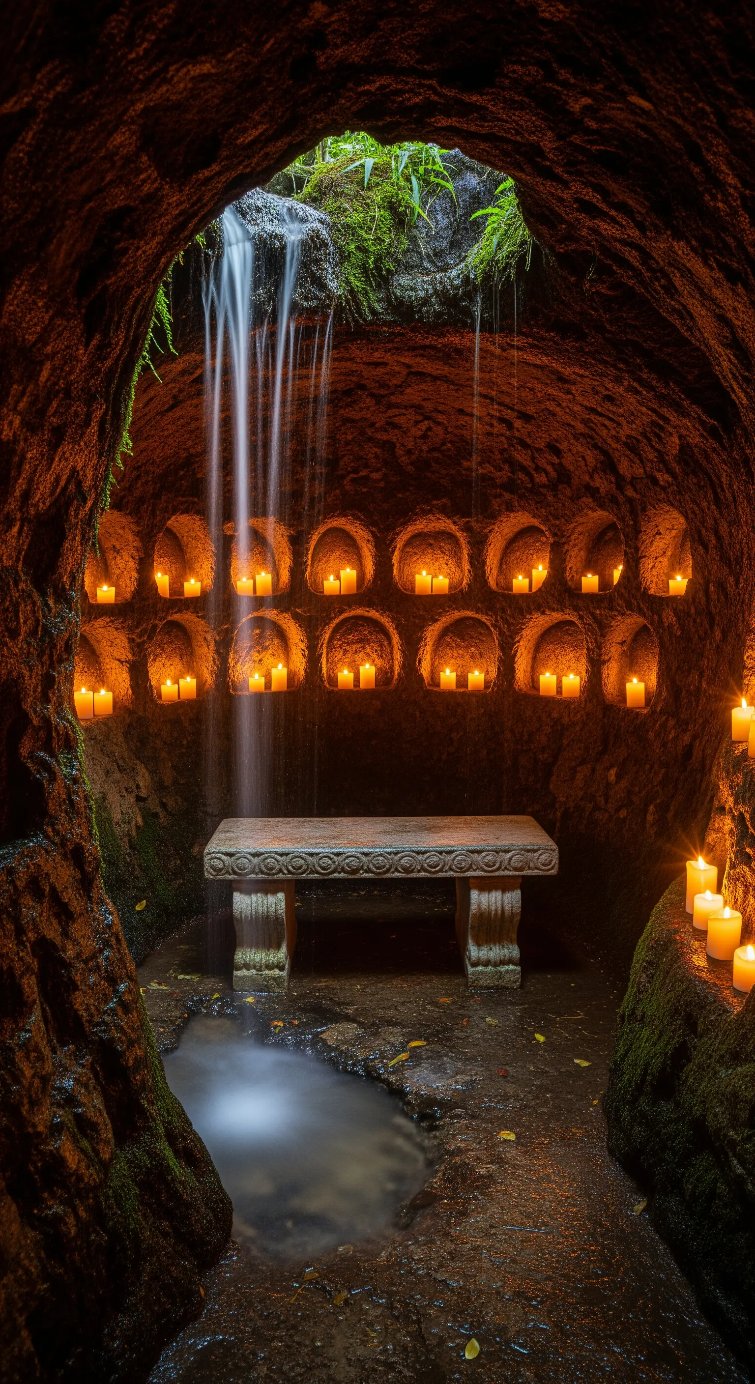 Grotta illuminata da decine di candele in nicchie, con una panca in pietra e una cascatella.