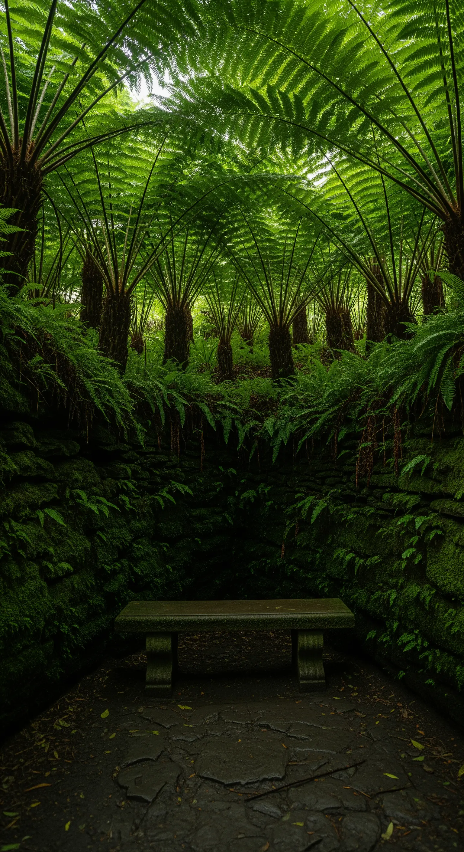 Panchina in pietra in un angolo buio e umido, circondata da felci arboree giganti.