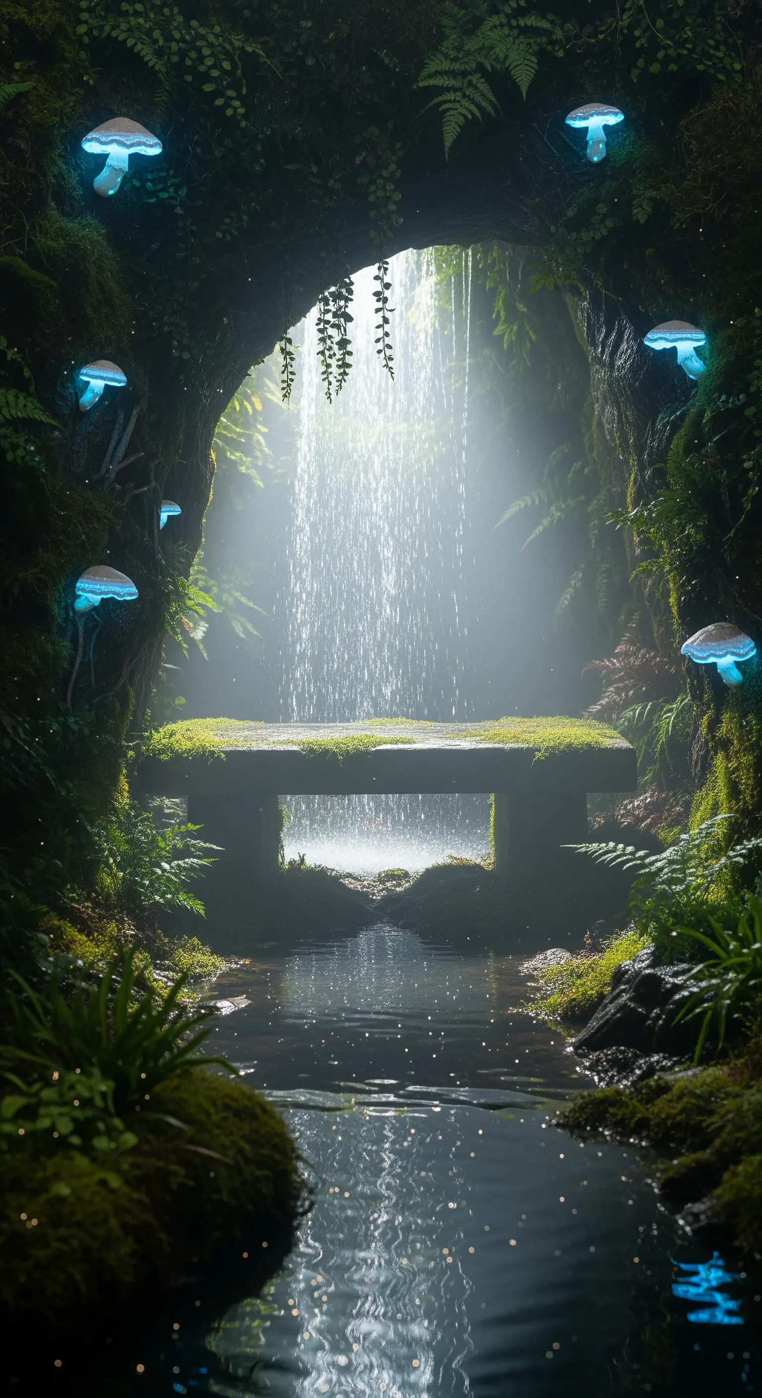 Ponte di pietra dietro una cascata in una grotta lussureggiante, illuminata da funghi bioluminescenti blu.