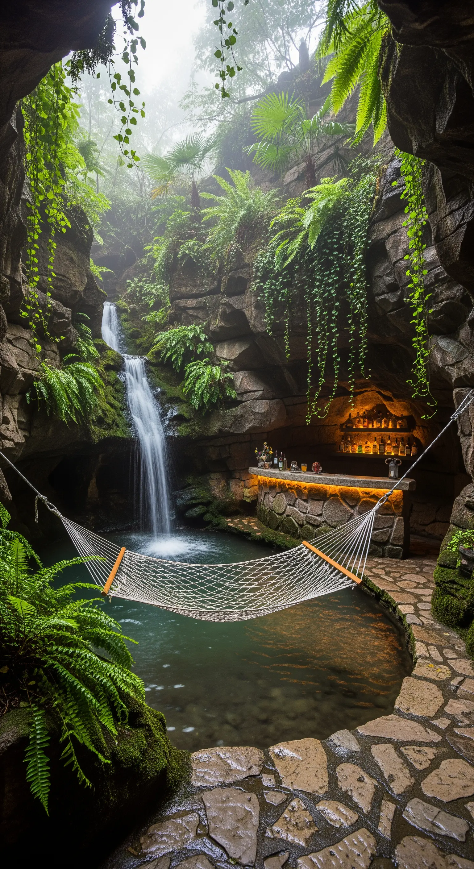 Bar scavato nella roccia di una grotta, con cascata, laghetto e un'amaca sospesa sull'acqua.