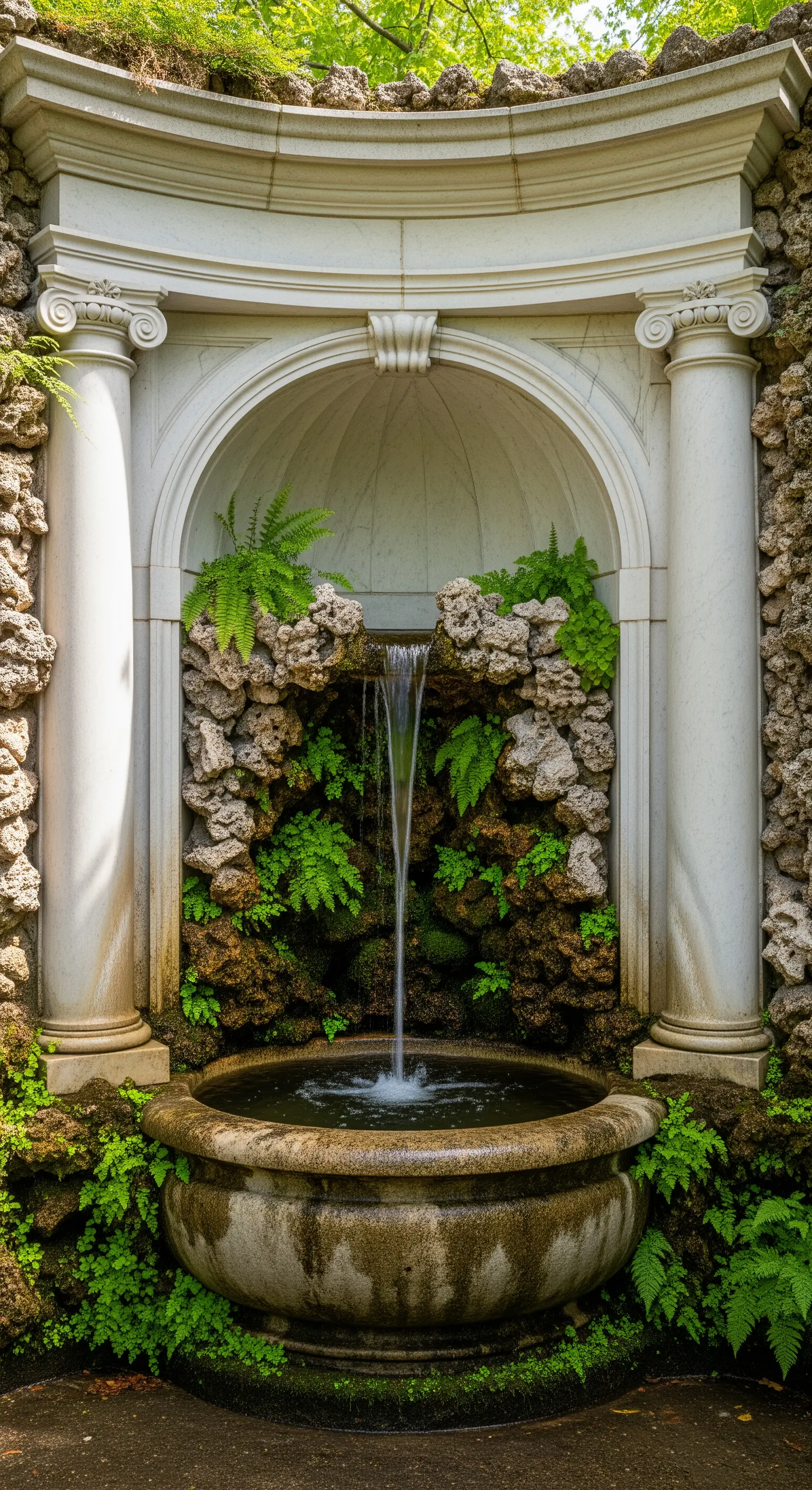 Fontana a grotta con cascata d'acqua, incorniciata da colonne in marmo e decorata con rocce e felci