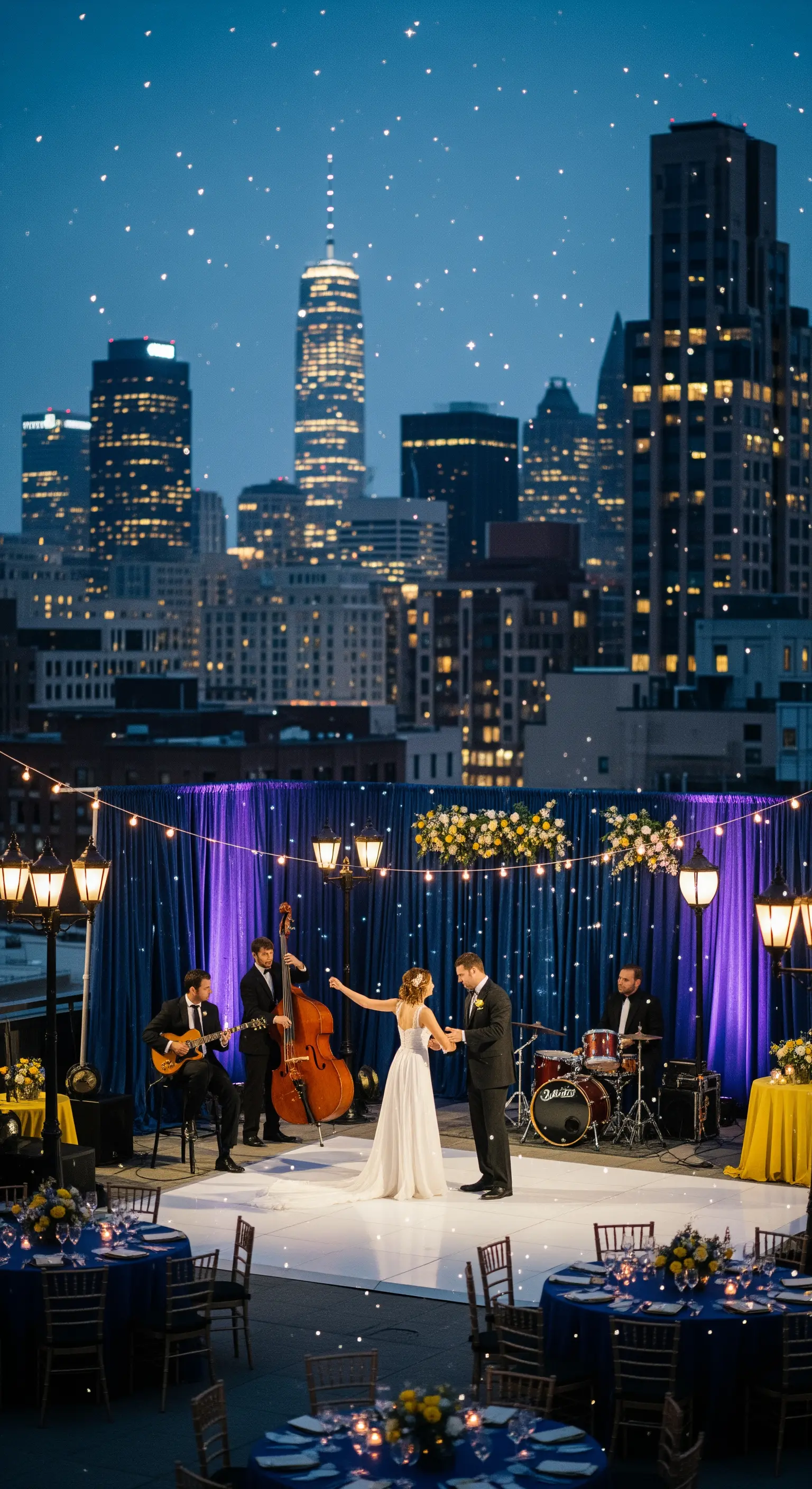 Coppia che balla su un tetto con vista sulla città, allestimento ispirato a La La Land
