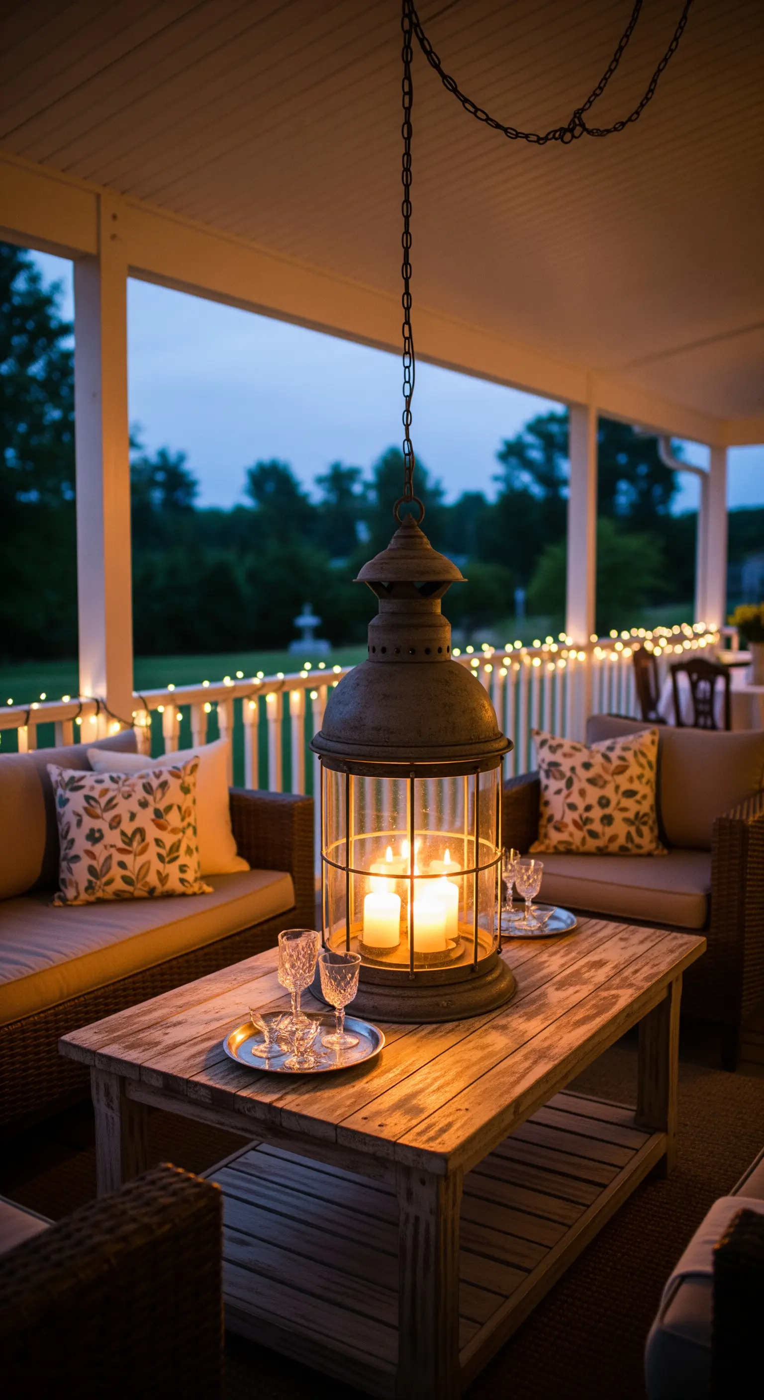 Salottino da esterno al crepuscolo con una grande lanterna come centrotavola sul tavolino.