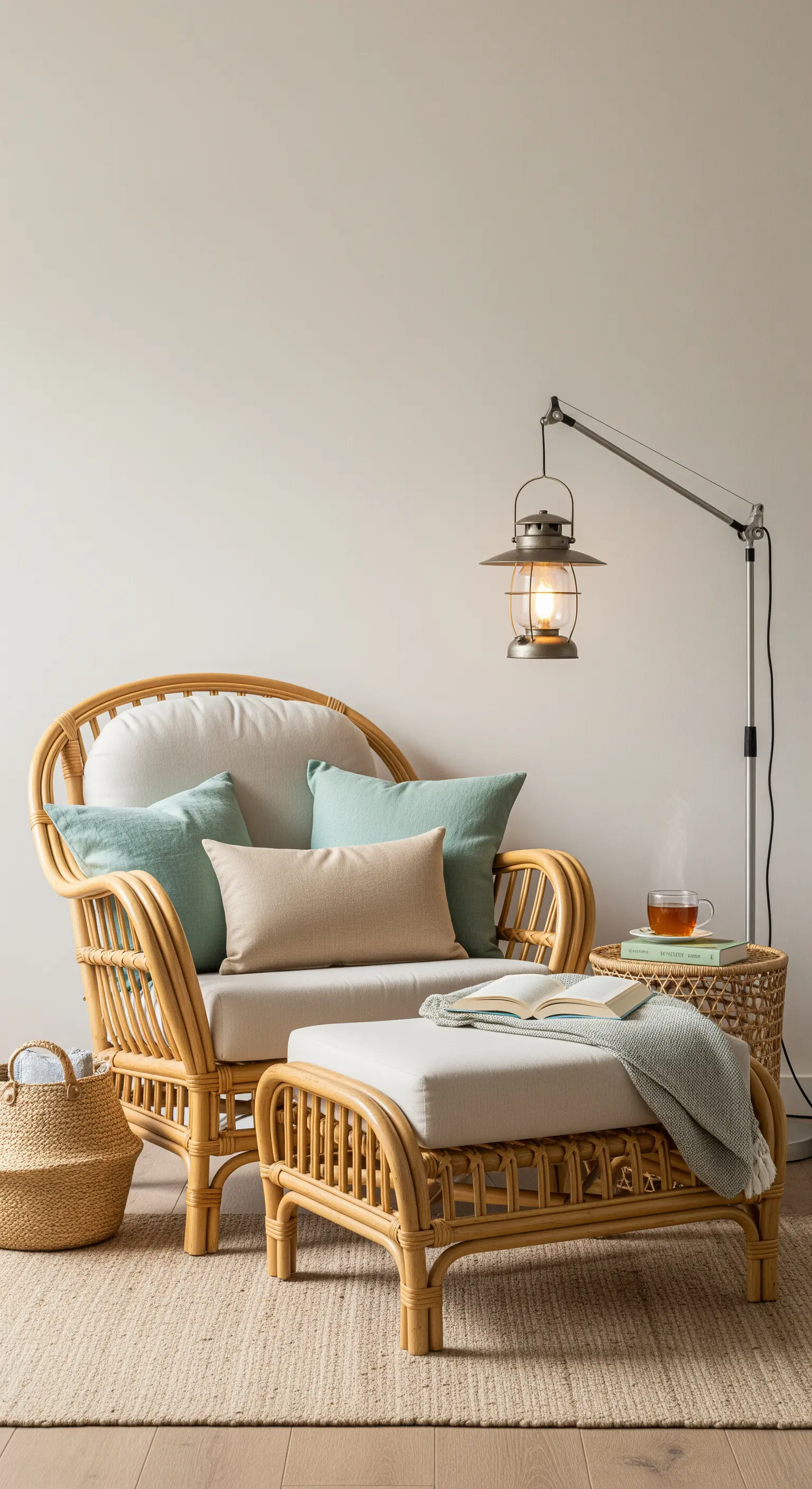 Poltrona in rattan con poggiapiedi, illuminata da una lampada da terra a forma di lanterna.