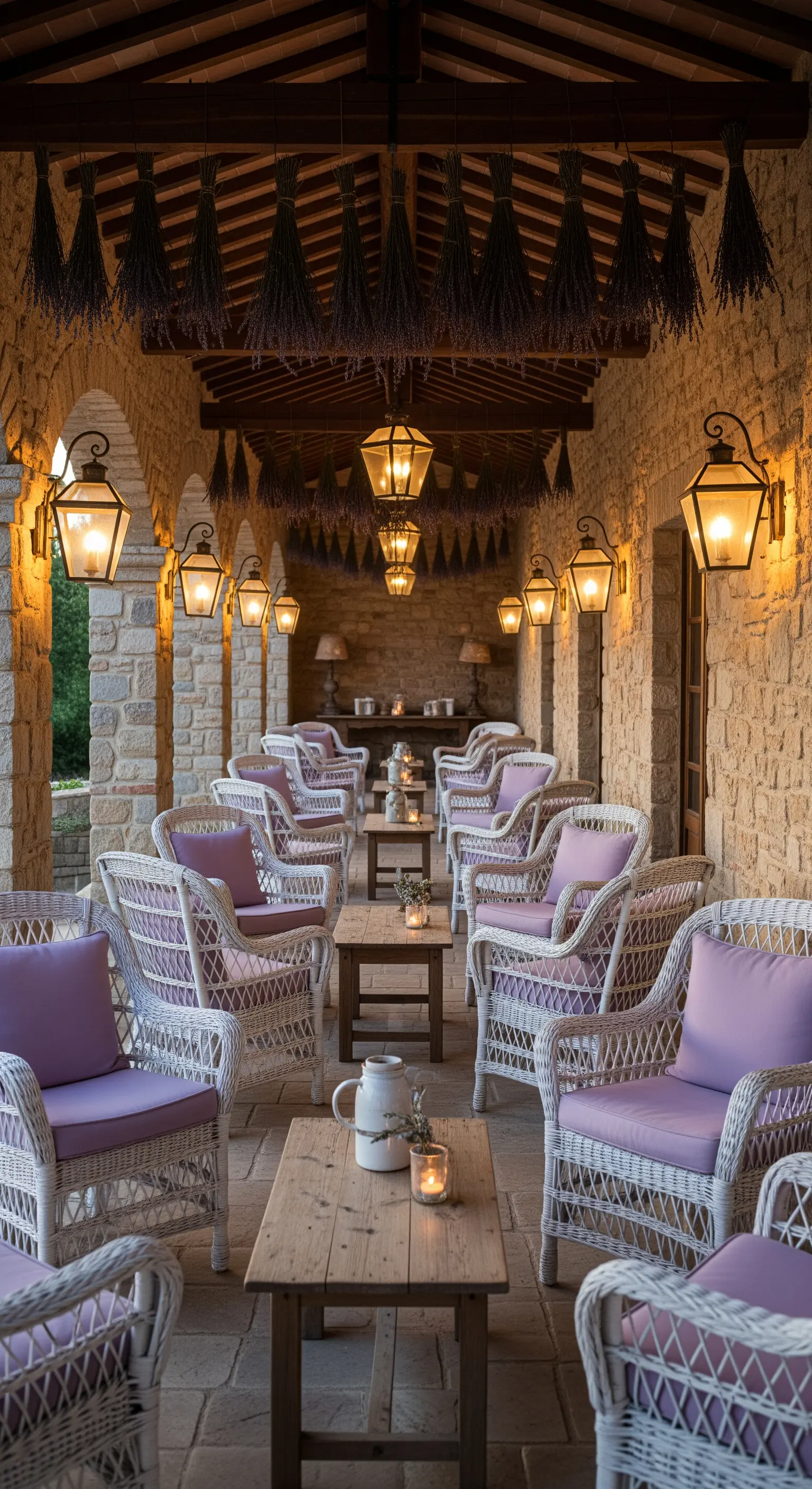 Portico in pietra con poltrone in vimini bianco e cuscini color lavanda, con mazzi di lavanda appesi.