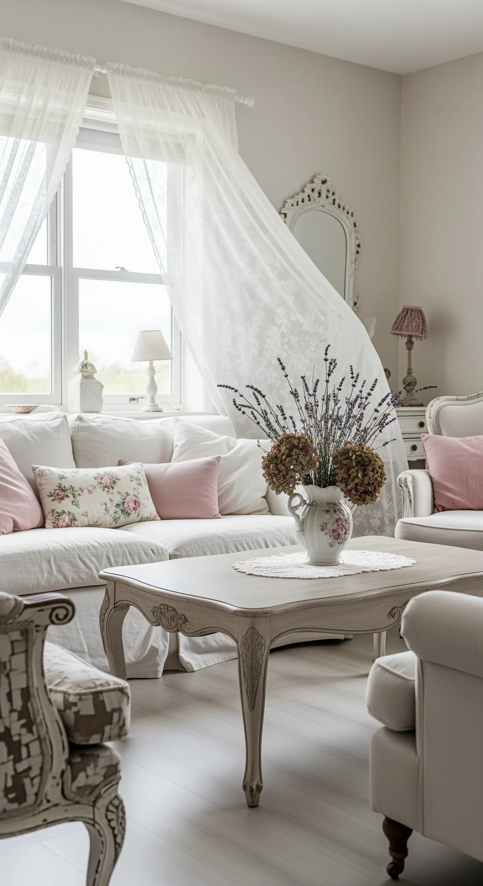 Soggiorno shabby chic con divano bianco, tende di pizzo e fiori secchi.