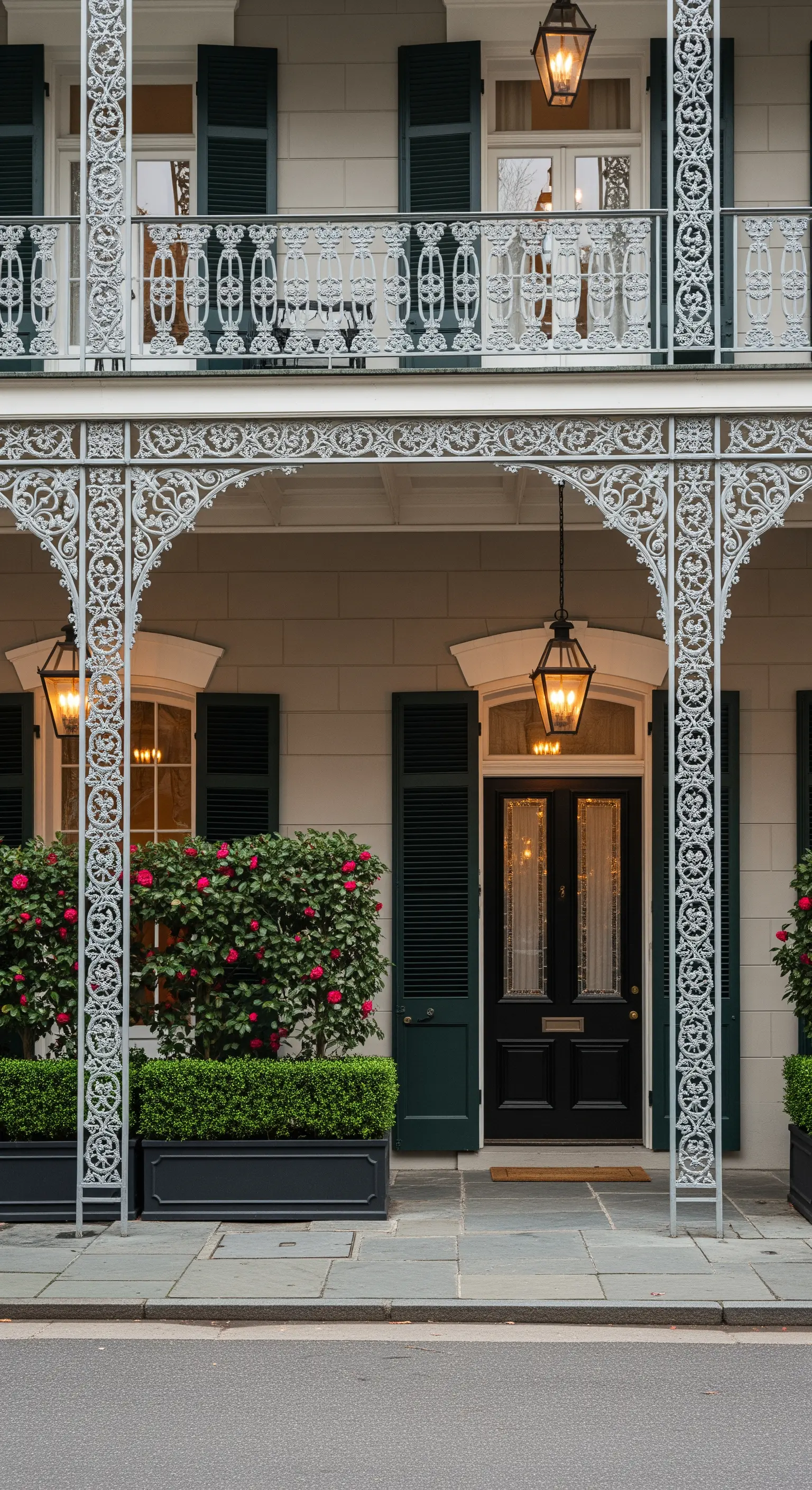 Ingresso in stile New Orleans con un portico sorretto da sottili colonne in ferro battuto decorato
