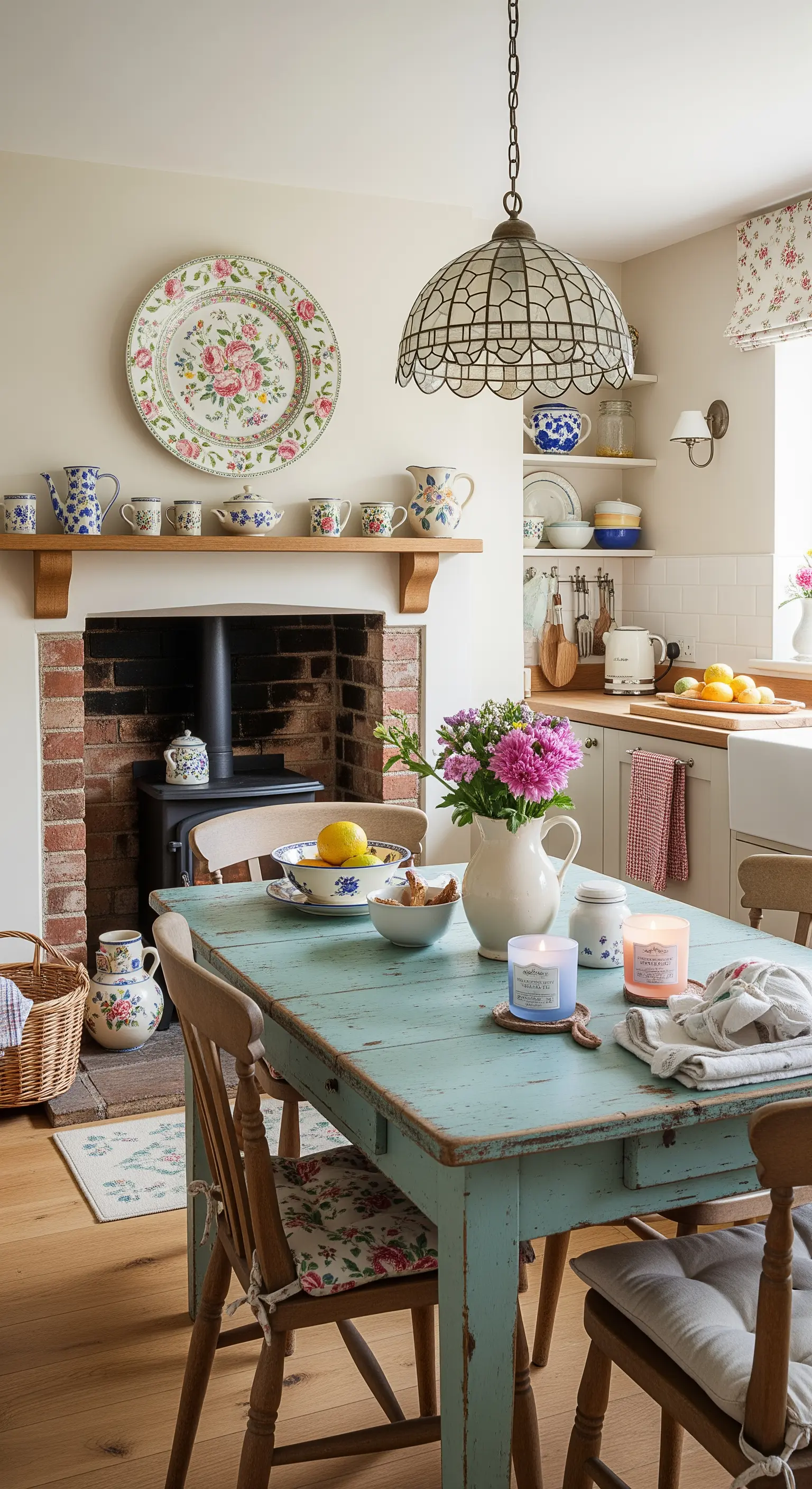 Cucina shabby chic con tavolo dipinto di turchese, camino in mattoni e ceramiche floreali.