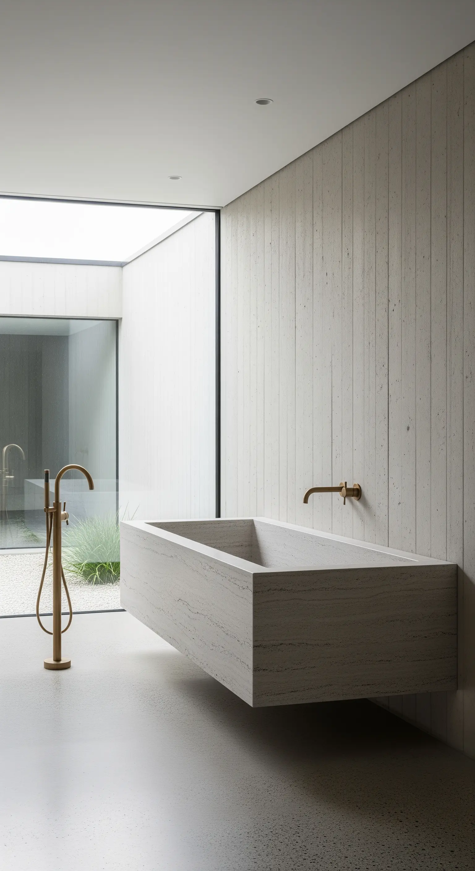 Vasca rettangolare sospesa in travertino chiaro in un bagno minimalista e luminoso.