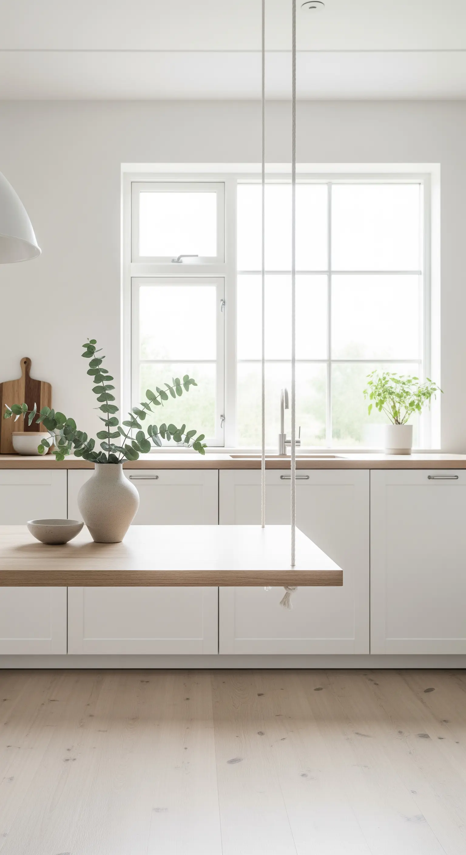 Tavolo sospeso minimalista in legno chiaro e corde bianche in una cucina scandinava.