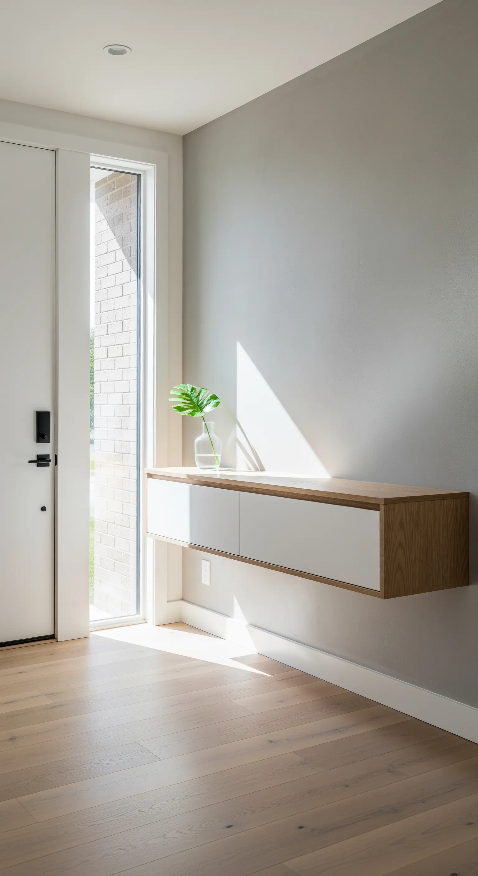 Ingresso luminoso con consolle sospesa bicolore, in legno chiaro e bianco, sotto la luce del sole.