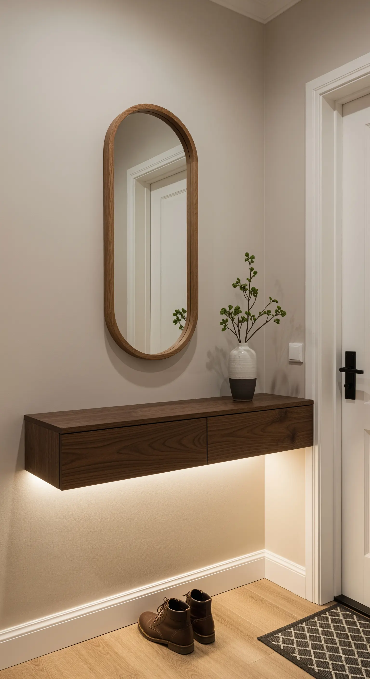 Consolle sospesa in legno scuro con illuminazione a LED integrata e specchio ovale a parete.