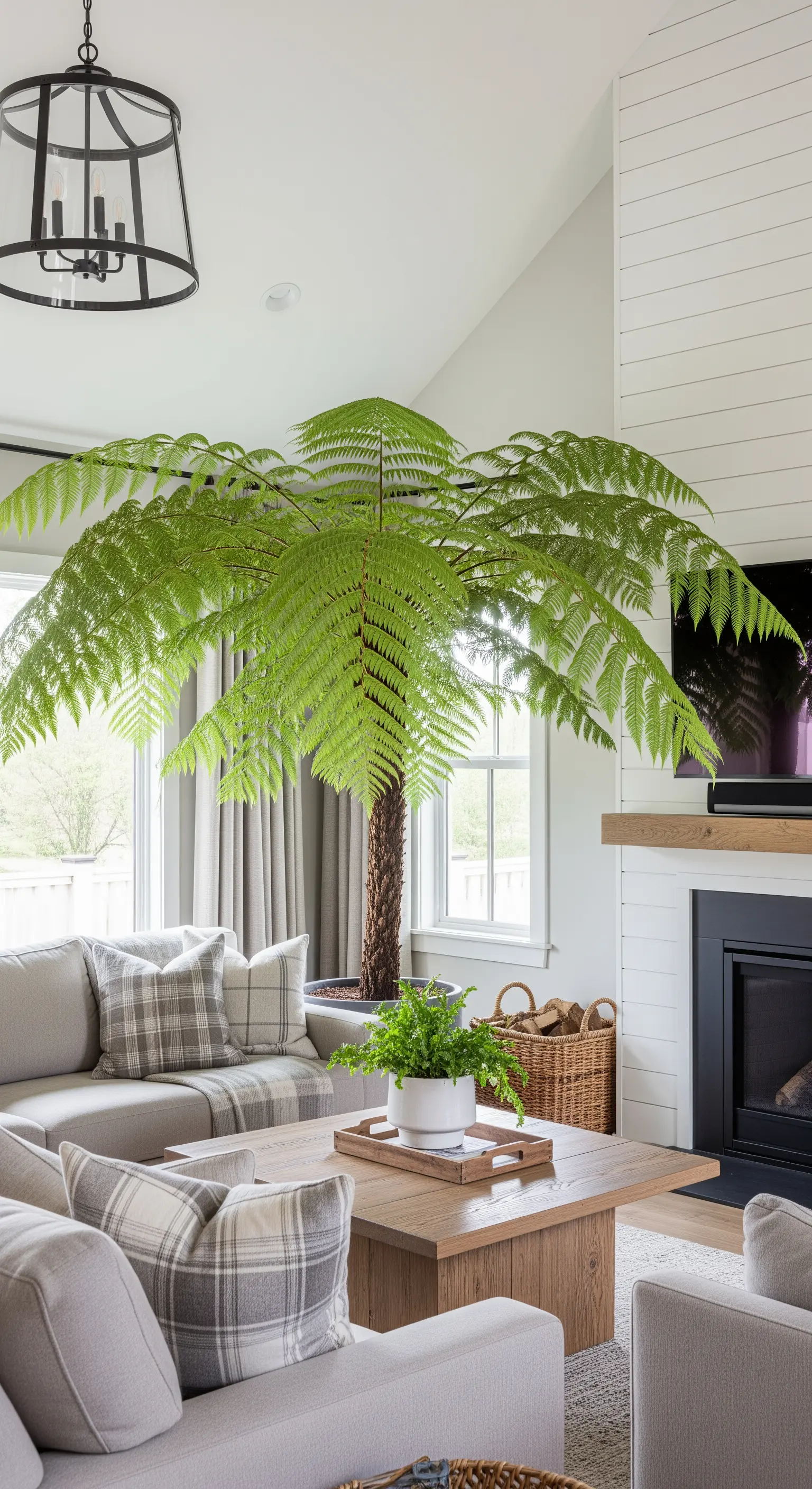Una grande felce arborea accanto a un divano grigio in un soggiorno moderno e luminoso.