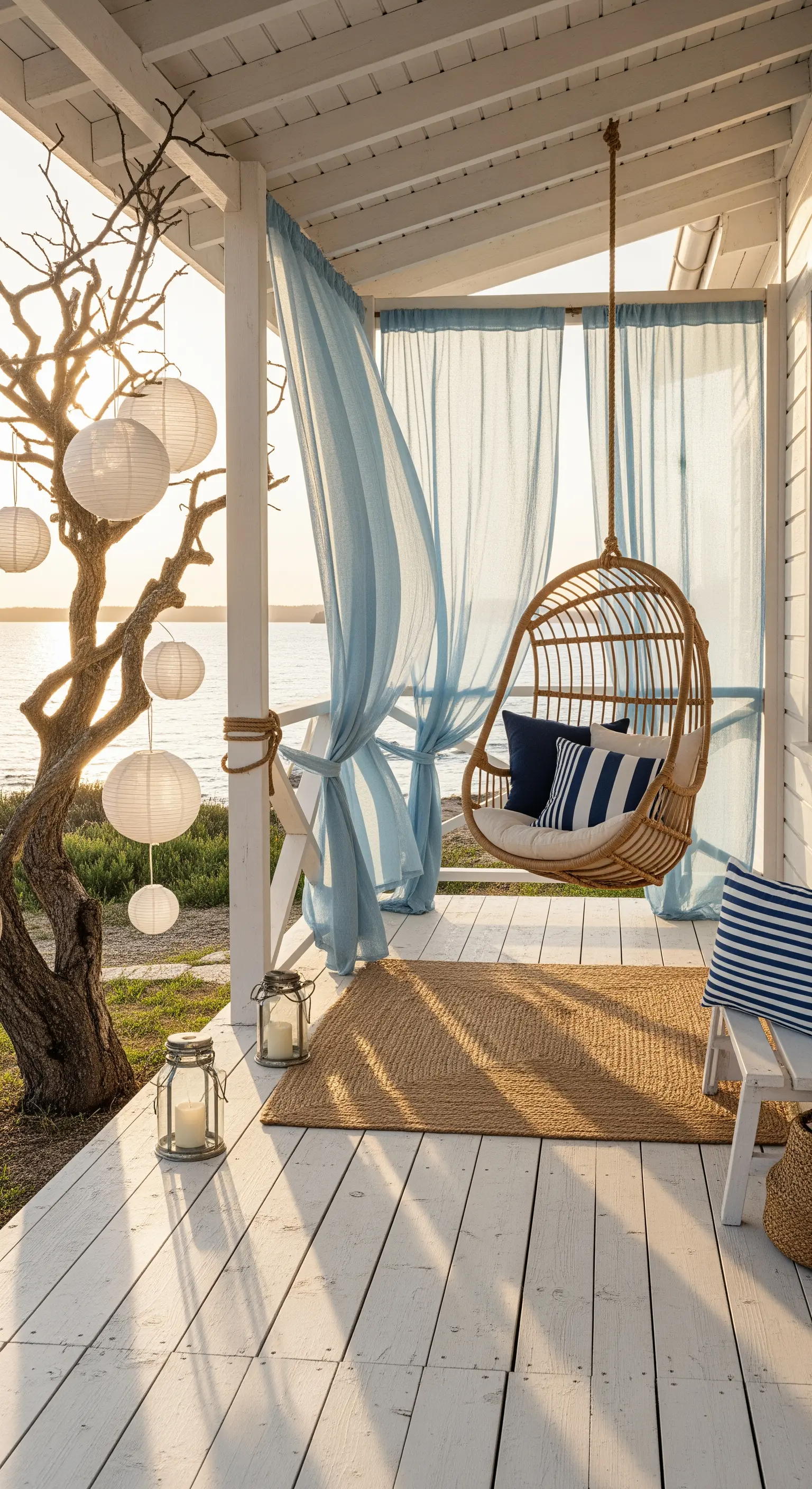 Veranda fronte mare con sedia a dondolo in rattan, tende azzurre e lanterne di carta bianca
