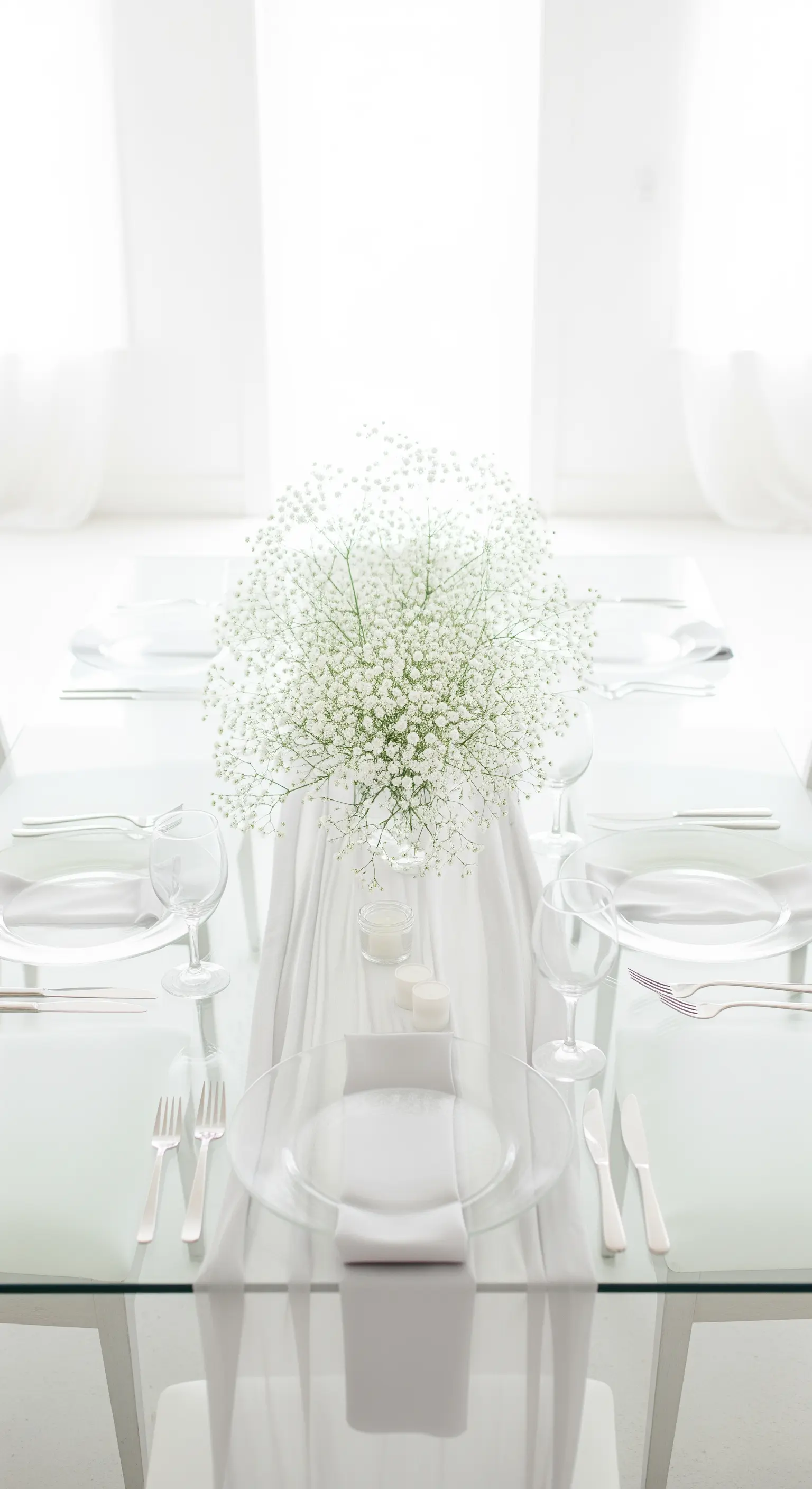 Allestimento total white con tavolo in vetro, piatti trasparenti e un grande mazzo di gypsophila.
