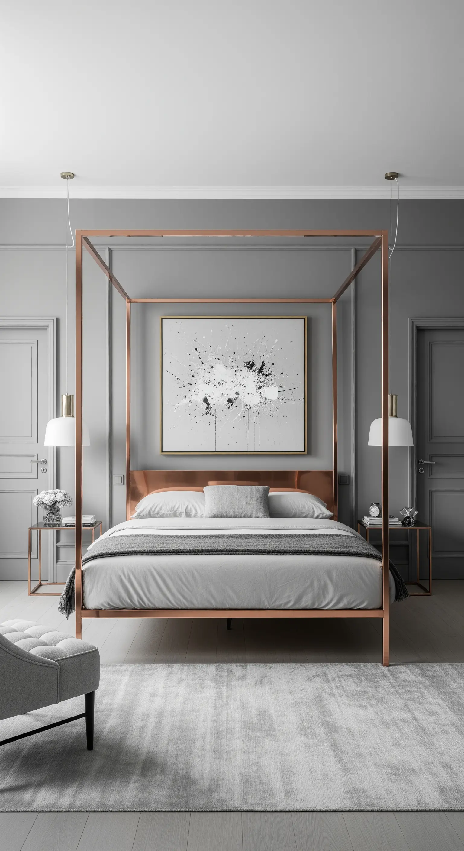 Letto a baldacchino minimalista con struttura sottile in rame in una camera da letto grigia.