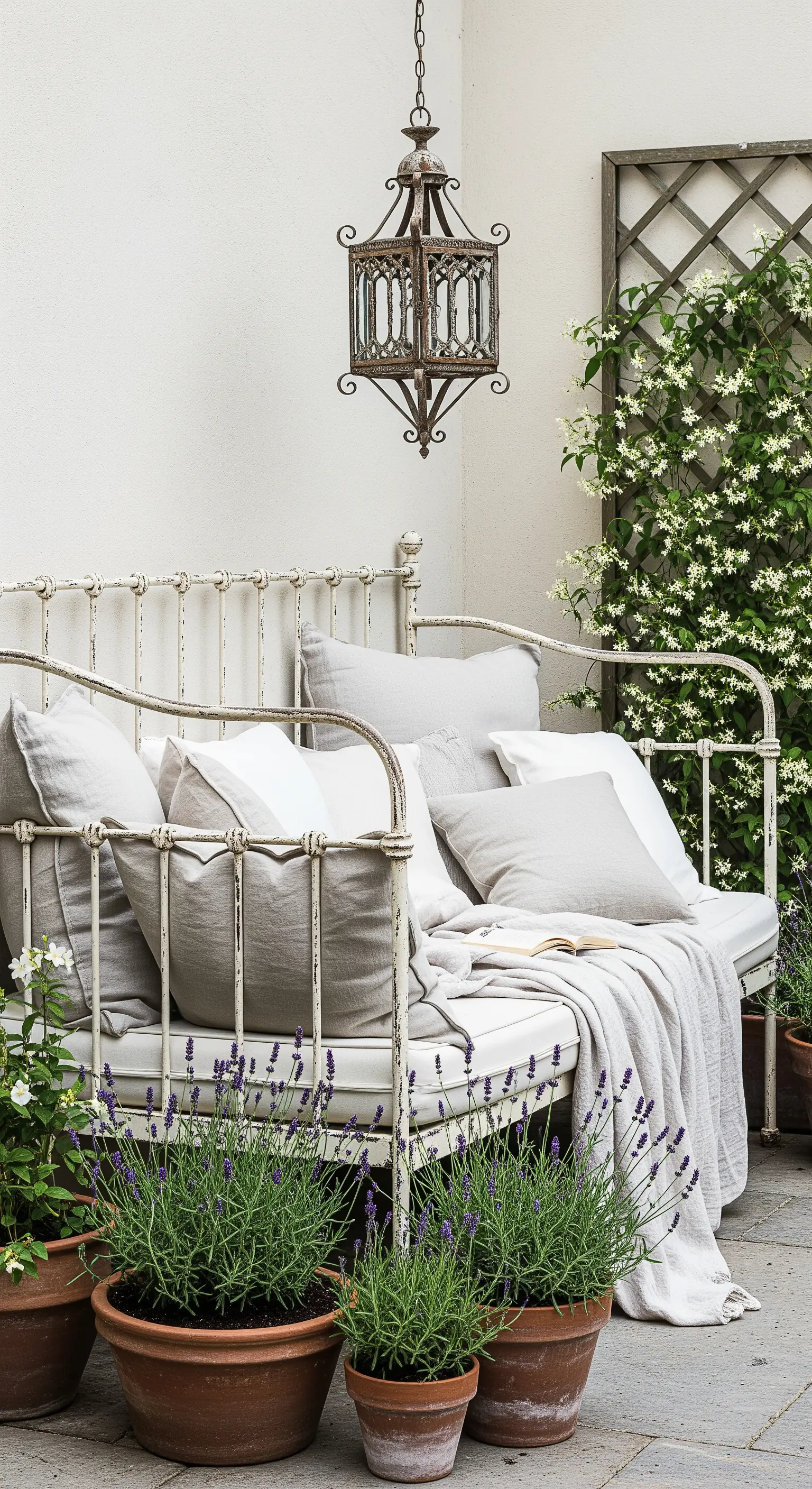 Divanetto in ferro battuto bianco con cuscini in lino e una lanterna sospesa.