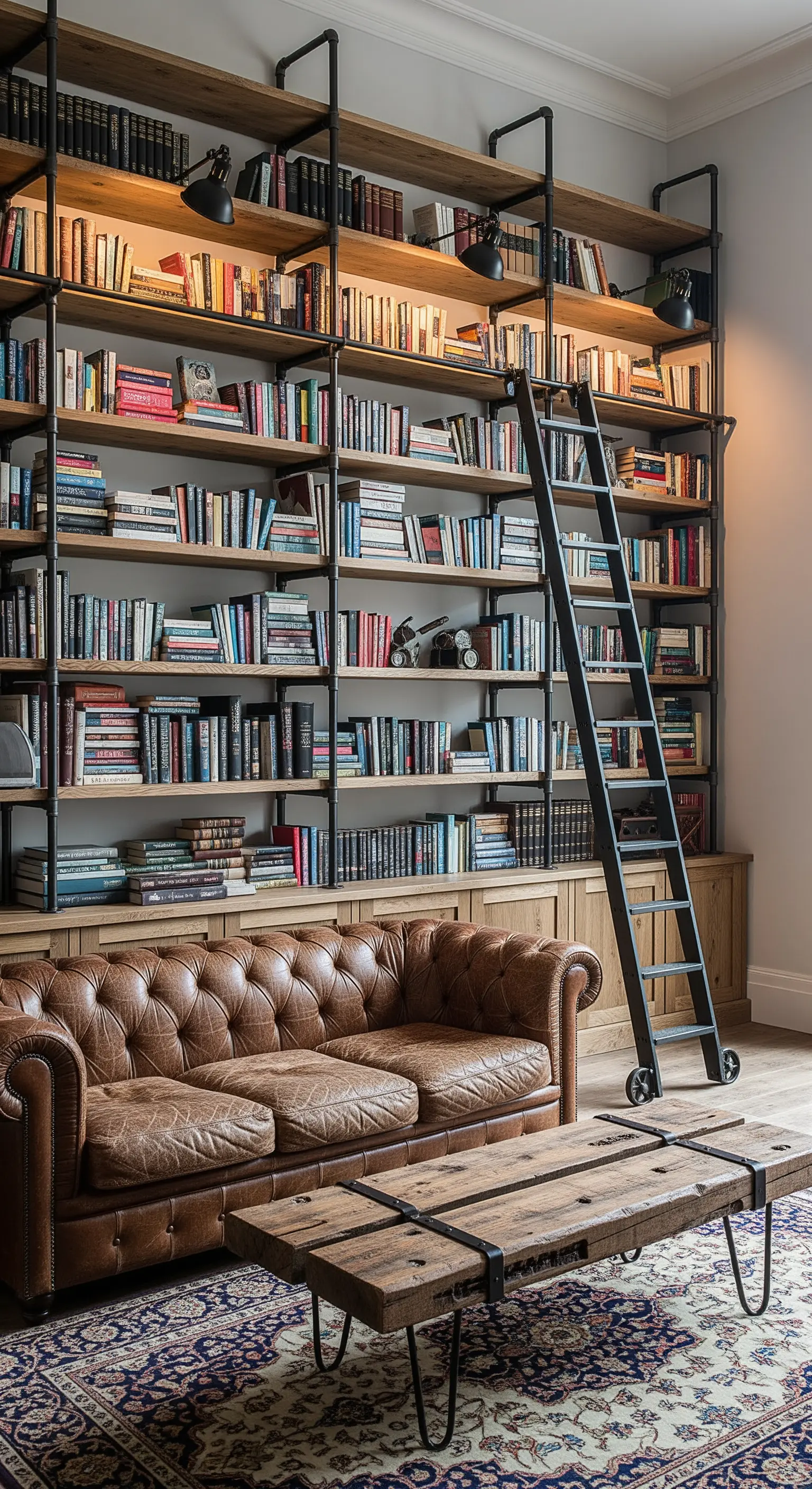 Libreria a tutta altezza in tubi di metallo nero e legno, con scala e divano Chesterfield.
