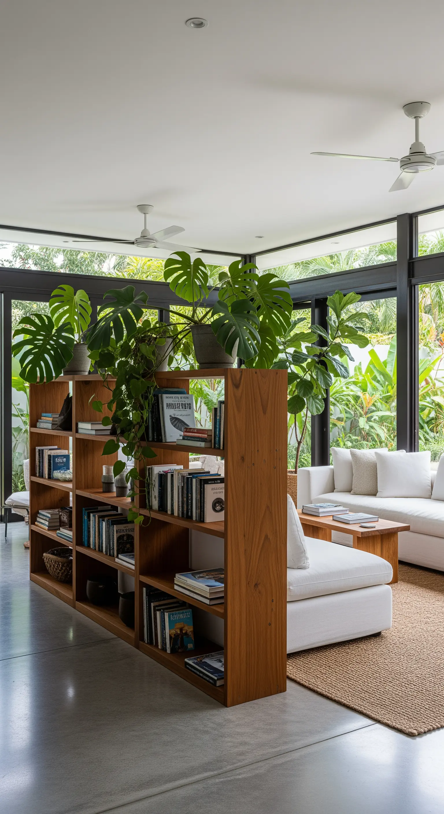 Libreria bassa in legno usata come divisorio in un soggiorno open space.