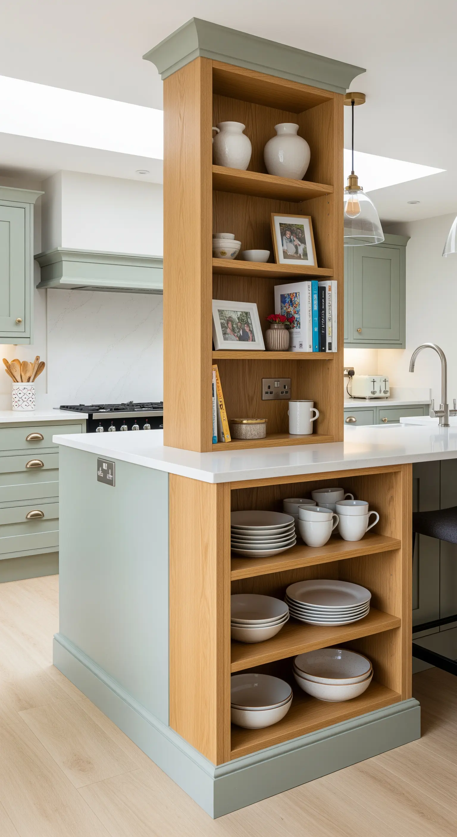 Libreria in legno di rovere integrata nel lato di un'isola da cucina grigio-verde.