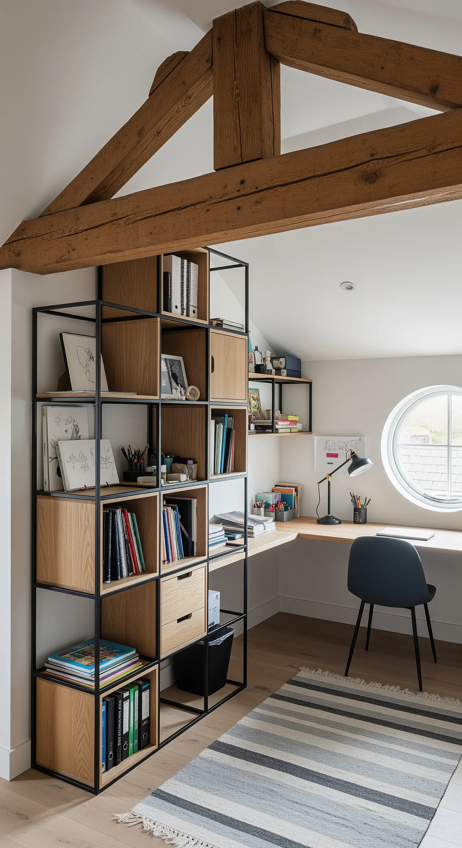 Libreria modulare in metallo e legno usata come divisorio per separare la zona studio in una mansarda.