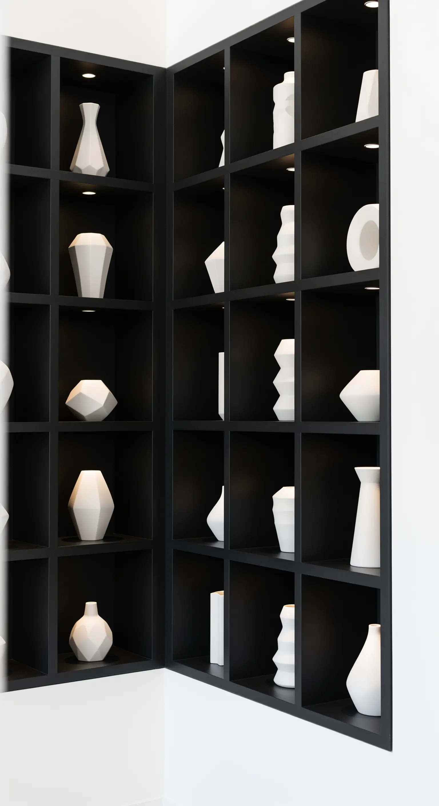 Libreria a nicchie nere con faretti che illuminano vasi bianchi geometrici.