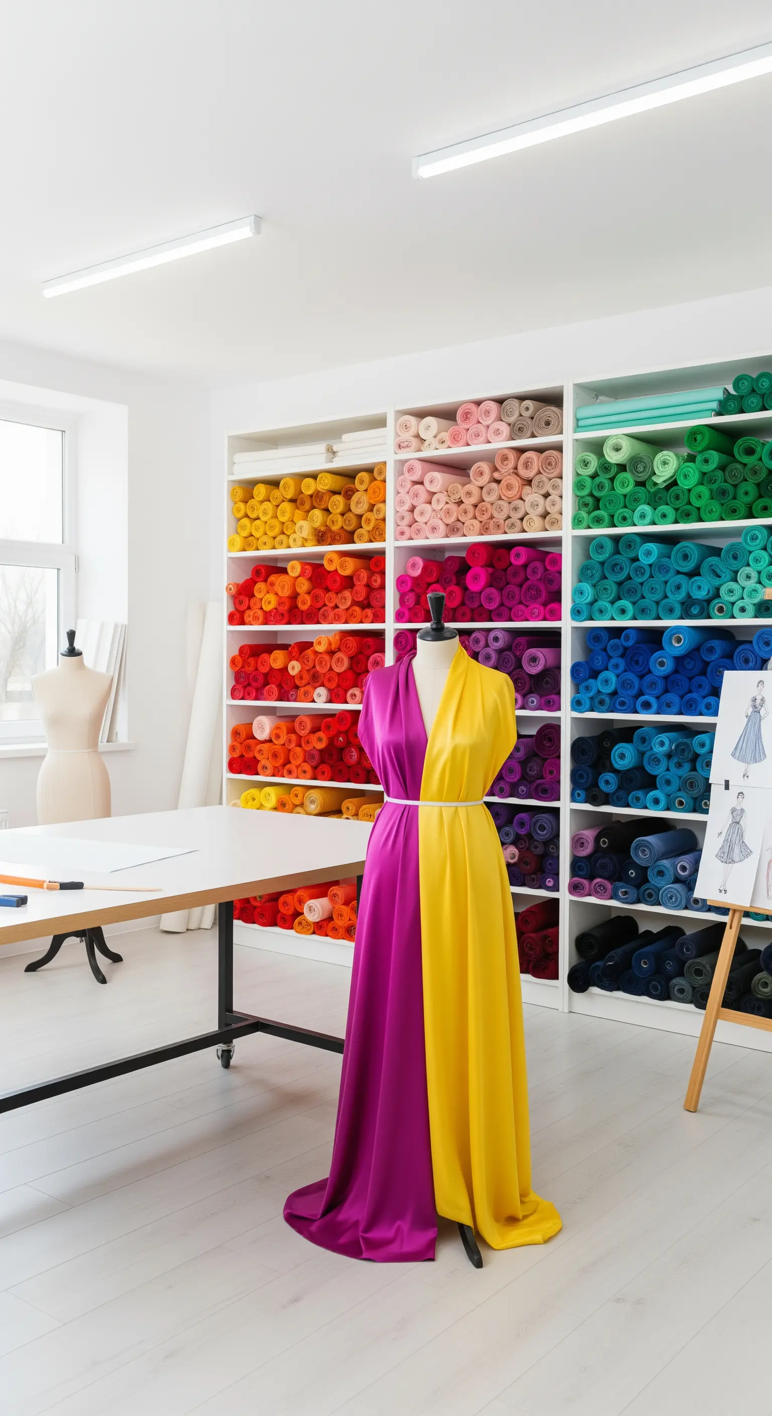 Atelier di moda con scaffalature bianche colme di rotoli di tessuto colorati.