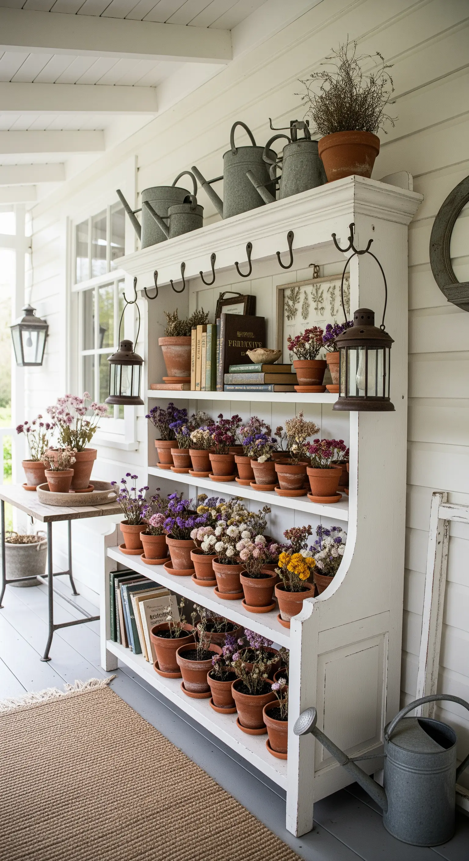Grande libreria bianca in veranda usata per esporre vasi di terracotta con fiori secchi.