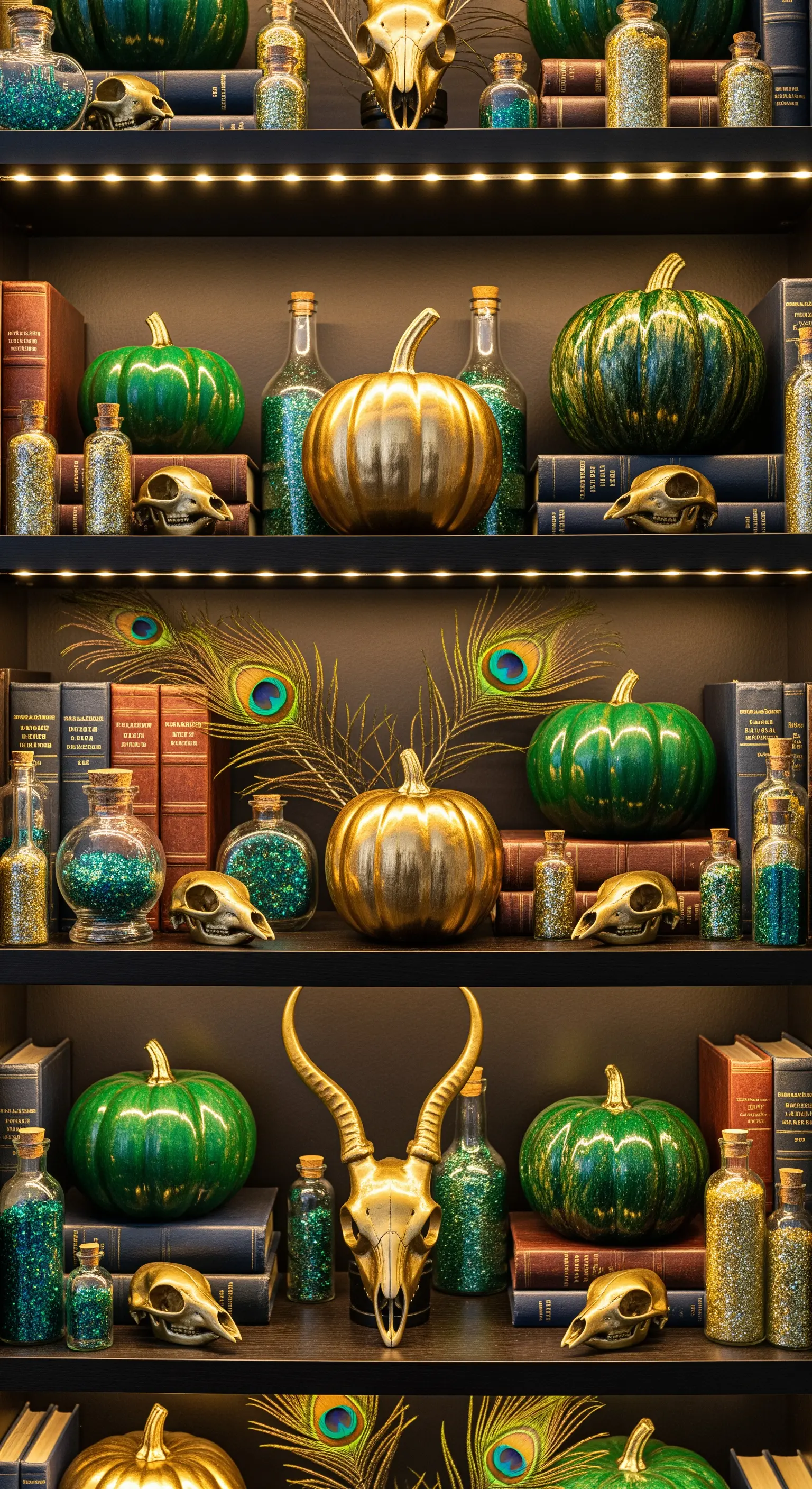 Libreria decorata per Halloween con zucche verdi e oro, teschi e boccette di glitter.