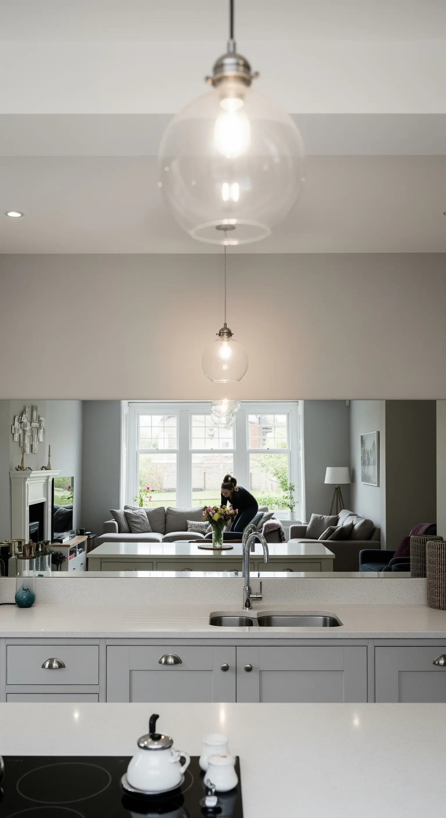 Lunga striscia orizzontale di specchio come paraschizzi in una cucina open space.