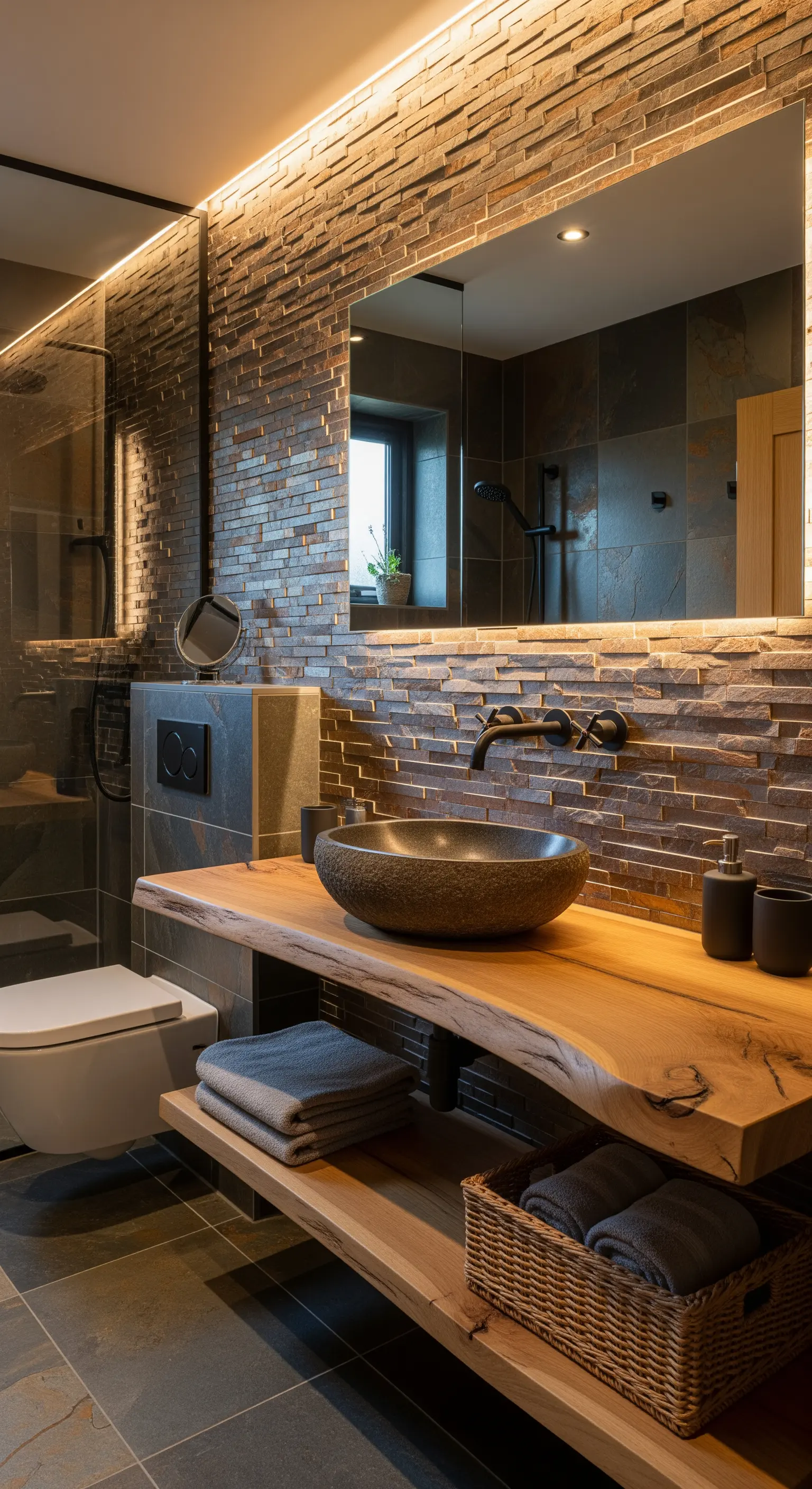 Parete in pietra con illuminazione a LED radente sopra un piano in legno e lavabo in pietra.