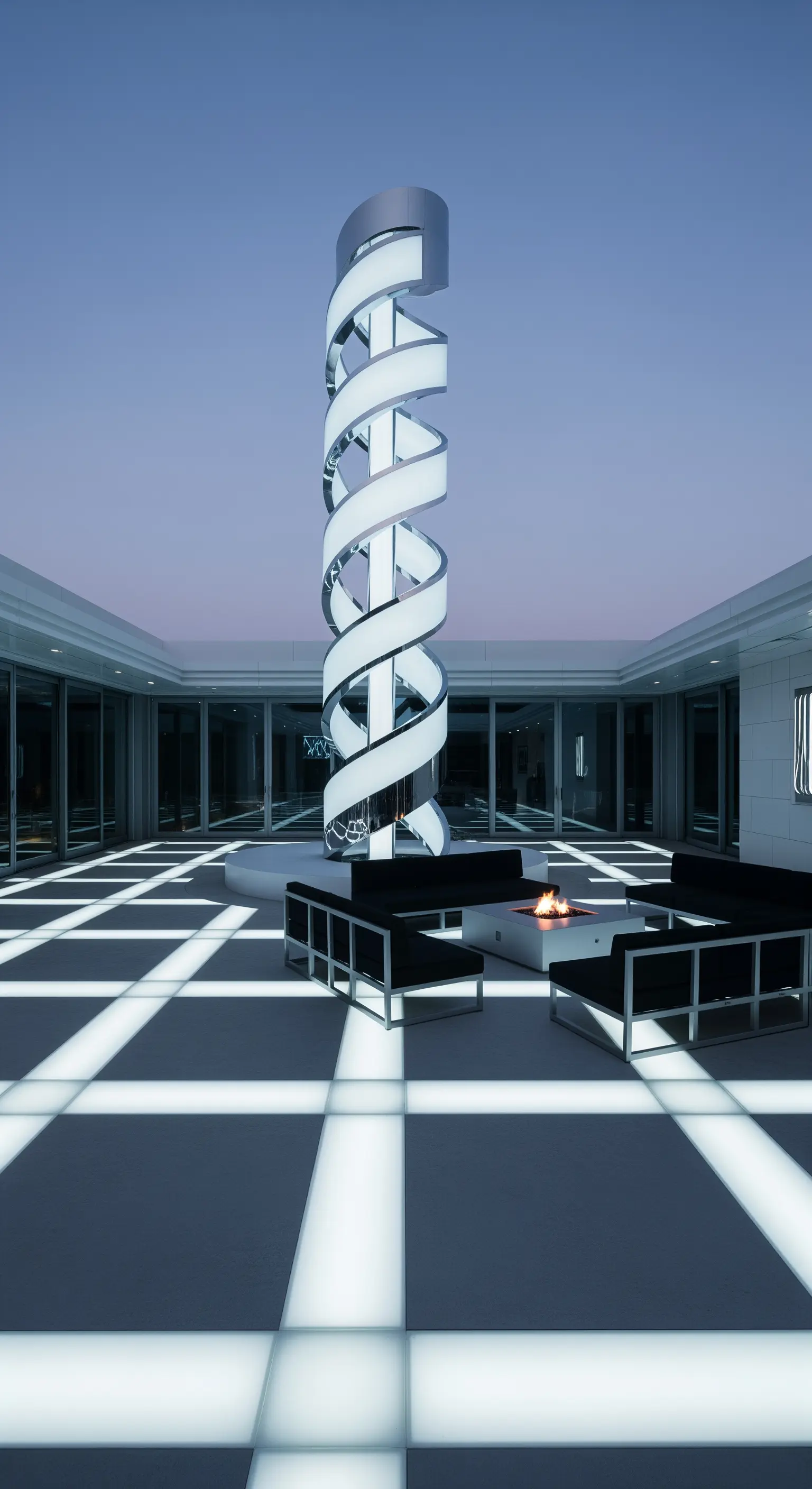 Grande scultura a spirale illuminata su un patio con pavimento a griglia retroilluminato.