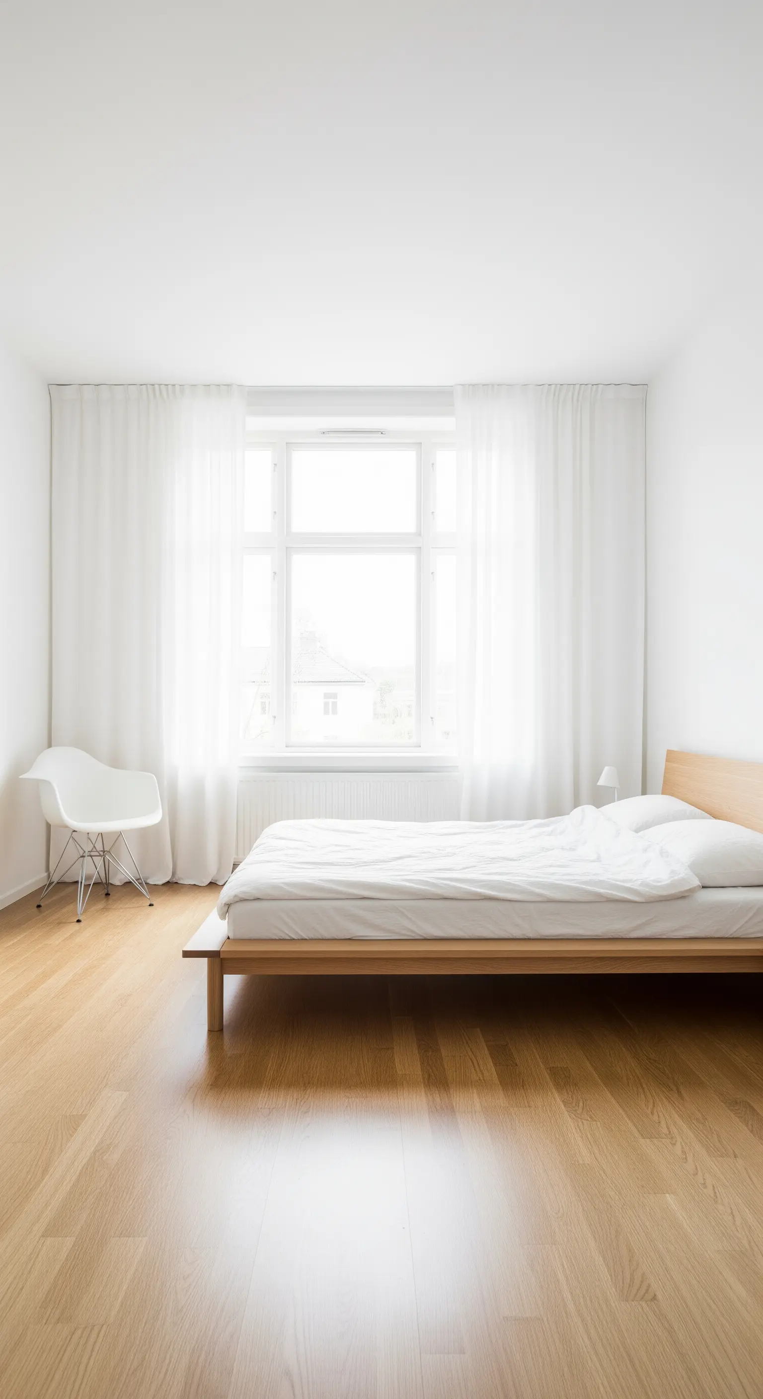 Camera da letto bianca con letto in legno chiaro e tende trasparenti.